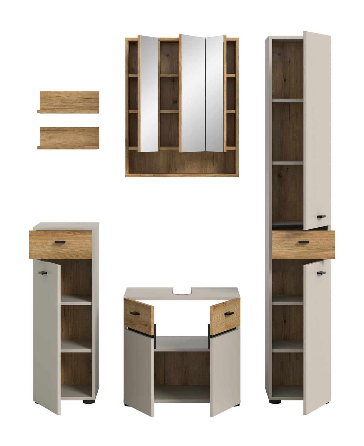 Badezimmer Aqua Kaschmir/Eichefarben B: 124cm - Kaschmir/Eichefarben, Trend, Glas/Holzwerkstoff (124cm) - MID.YOU