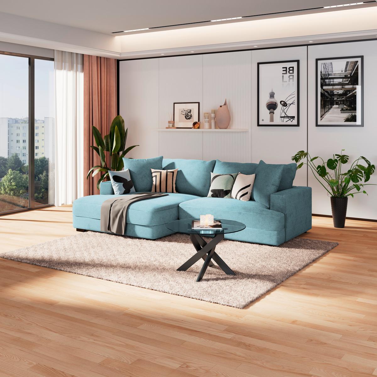 Ecksofa Pelle mit Kissen Türkis Cord 180x265 cm - Türkis/Schwarz, MODERN, Textil (180/265cm)