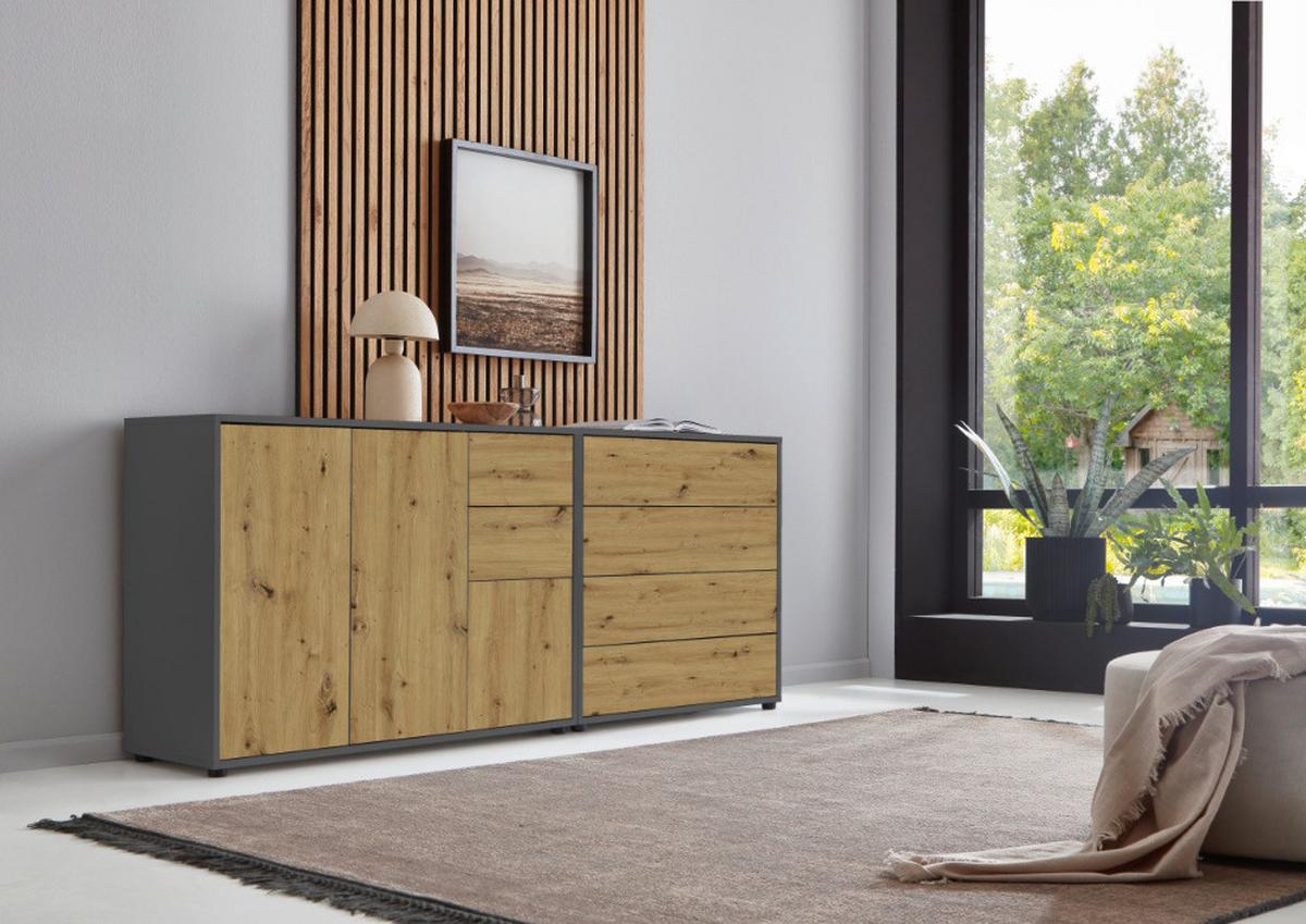 Sideboard Mailand Anthr./eiche Dekor B: 184,5cm - Anthrazit/Schwarz, MODERN, Holzwerkstoff (184,5/73/33cm) - MID.YOU