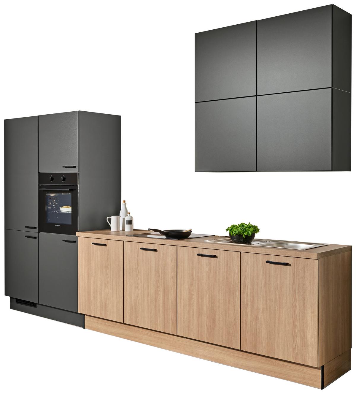 Kuchyňský blok bez spotřebičů a dřezu - barvy dubu/černá, Moderní, kov/kompozitní dřevo (340cm) - Pino