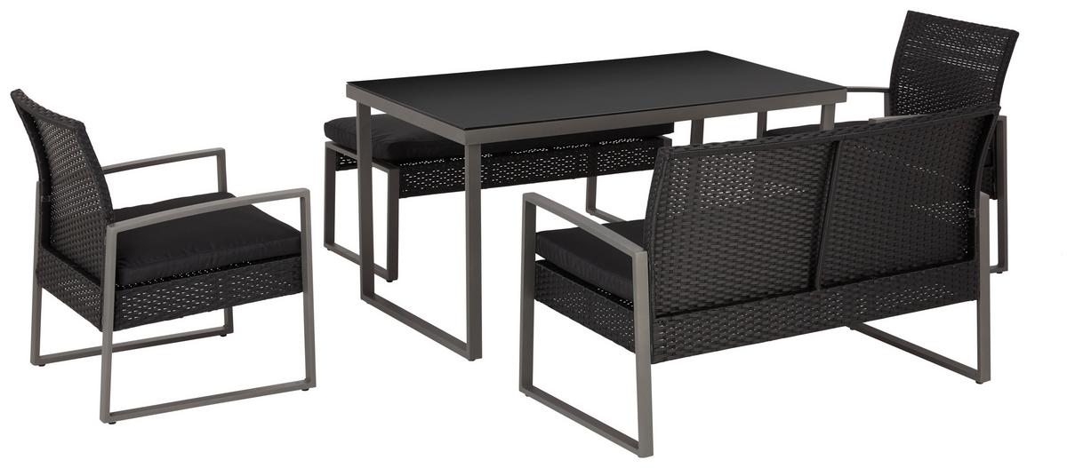Loungegarnitur 5-tlg Elena Aus Stahl + Kunststoff Mit Kissen - Schwarz, MODERN, Glas/Kunststoff - Luca Bessoni