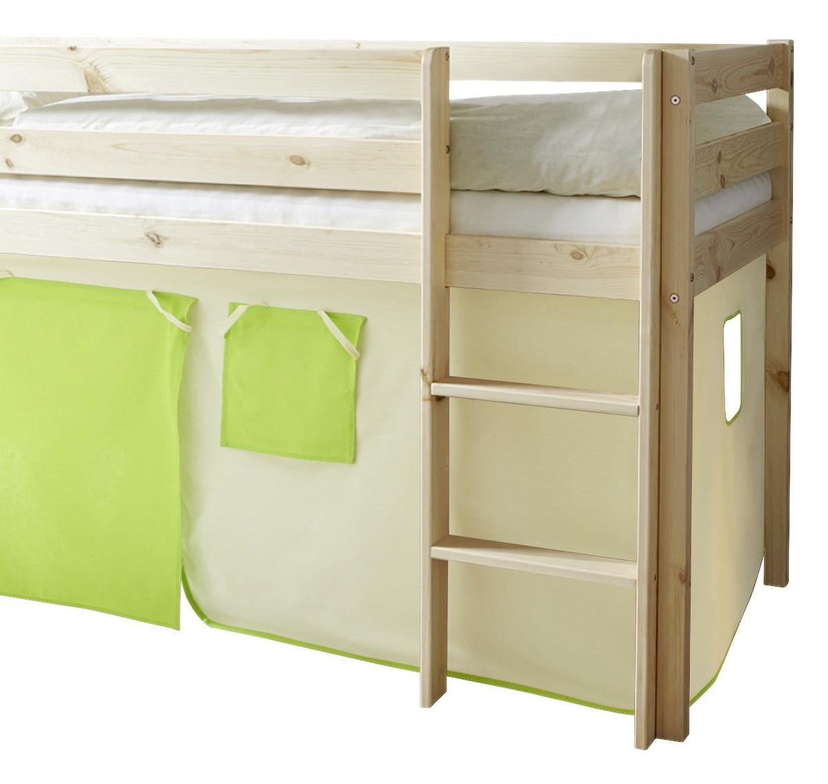 Vyvýšená postel MALTE závěs béžovo-zelený - zelená/přírodní barvy, Natur, dřevo (90/200cm) - MID.YOU