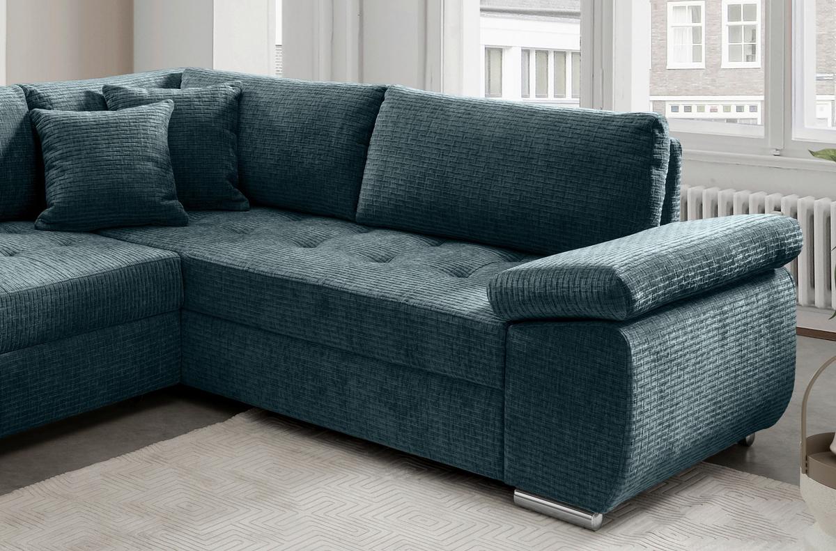 Wohnlandschaft Terana Blau mit Schlaffunktion, Mikrofaser - Chromfarben/Blau, KONVENTIONELL, Textil (157/305/219cm) - Livetastic