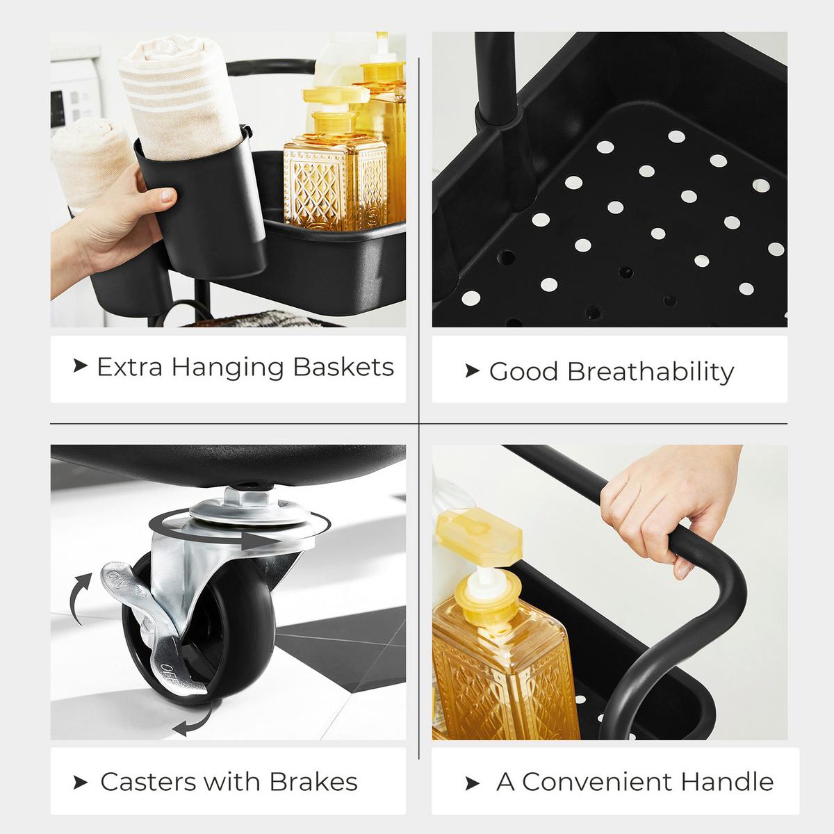 Allzweckwagen Songmics Mit 3 Fächern+2 Einhängefächer - Schwarz, Basics, Metall (41,6/33,5/86,3cm) - Boxxx