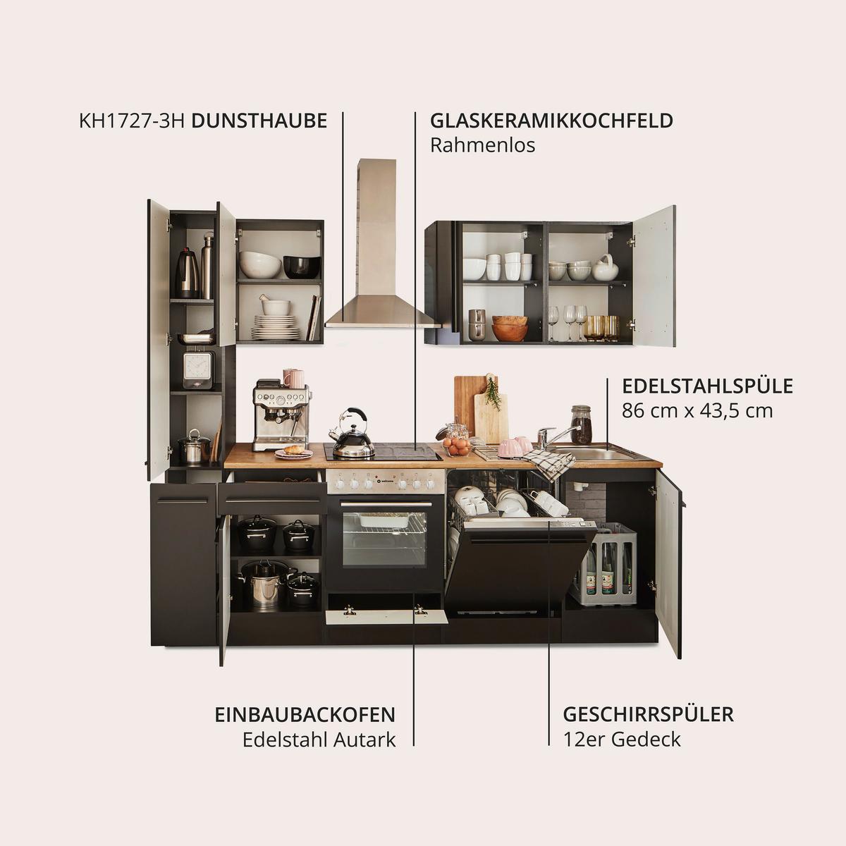 Küchenblock Jazz 8 250 Schwarz B: 250 cm - Eichefarben/Schwarz, LIFESTYLE, Holzwerkstoff (250cm) - MID.YOU