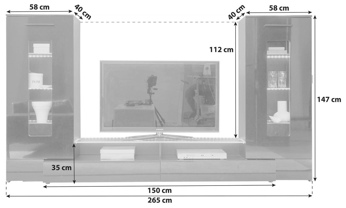 Wohnwand 3-Tlg. mit Led Jupiter Schwarz - Schwarz Hochglanz/Schwarz, KONVENTIONELL, Glas/Holzwerkstoff (265/147/40cm) - MID.YOU