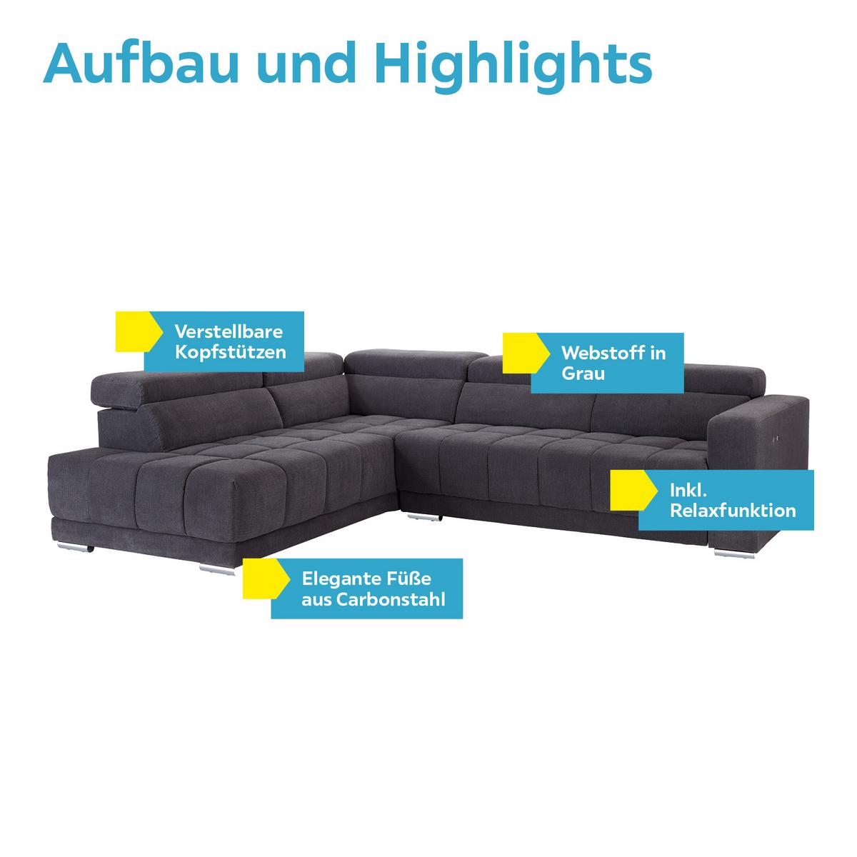 Ecksofa mit Relaxfunktion Hogan La, Webstoff - Silberfarben/Grau, MODERN, Holz/Textil (212/299cm) - Livetastic