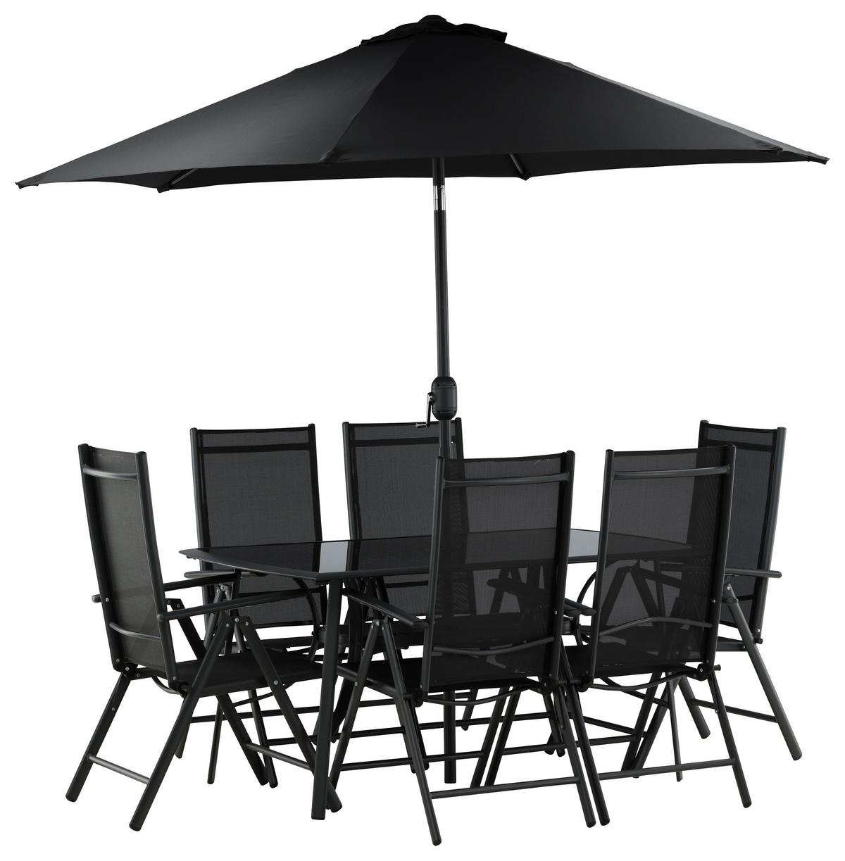 Gartentischgruppe 8-Tlg Brekki aus Aluminium mit Schirm - Schwarz, KONVENTIONELL, Glas/Metall - Gardenson