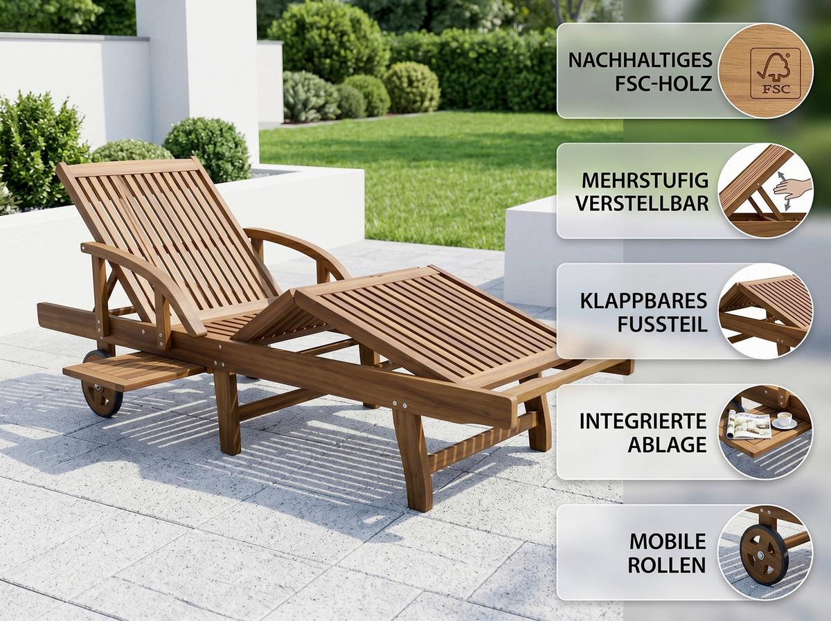 Sonnenliege aus Eukalyptusholz 200x68x83 cm - Eukalyptusholzfarben, Basics, Holz (200/68/83cm)
