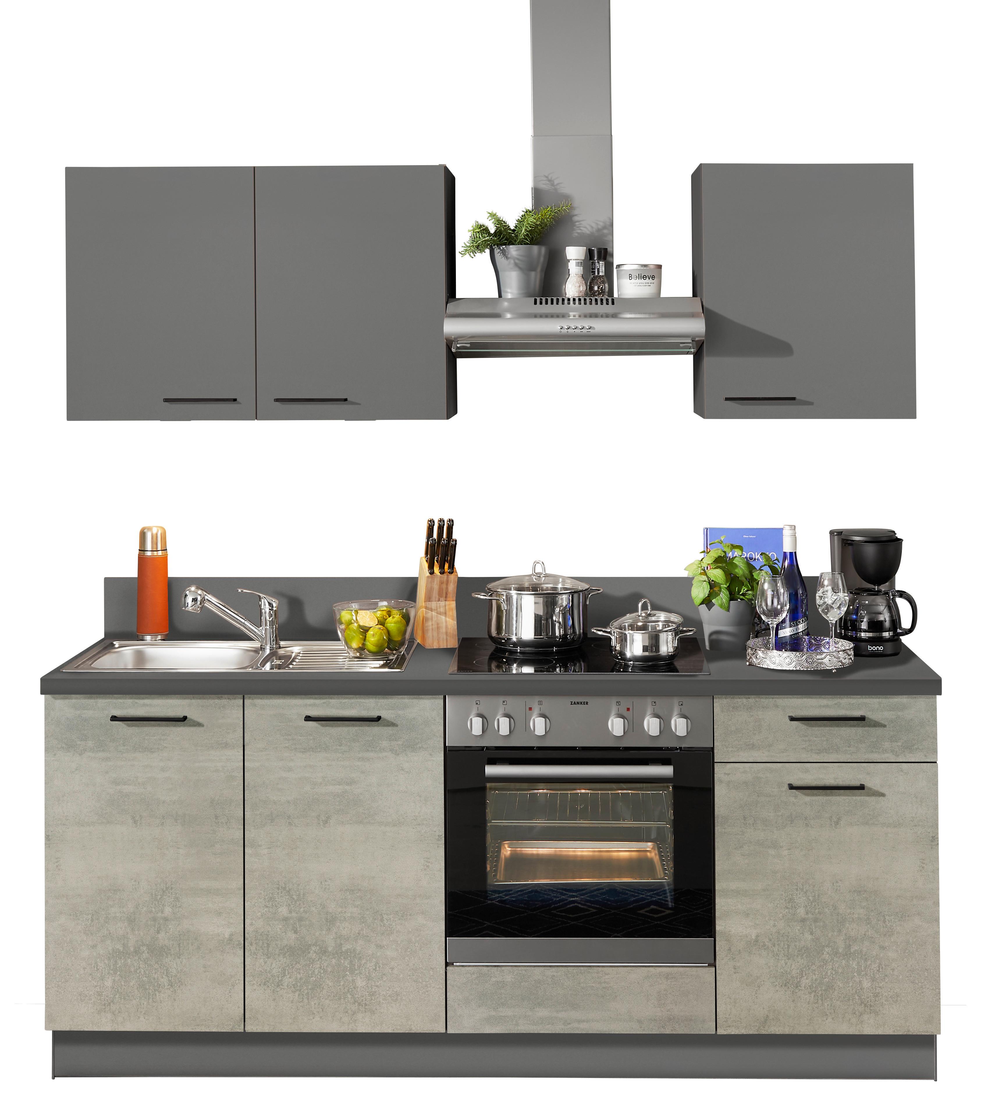 Küchenzeile in Beton (hell) und Anthrazit mit vier Elektrogeräten und Spüle