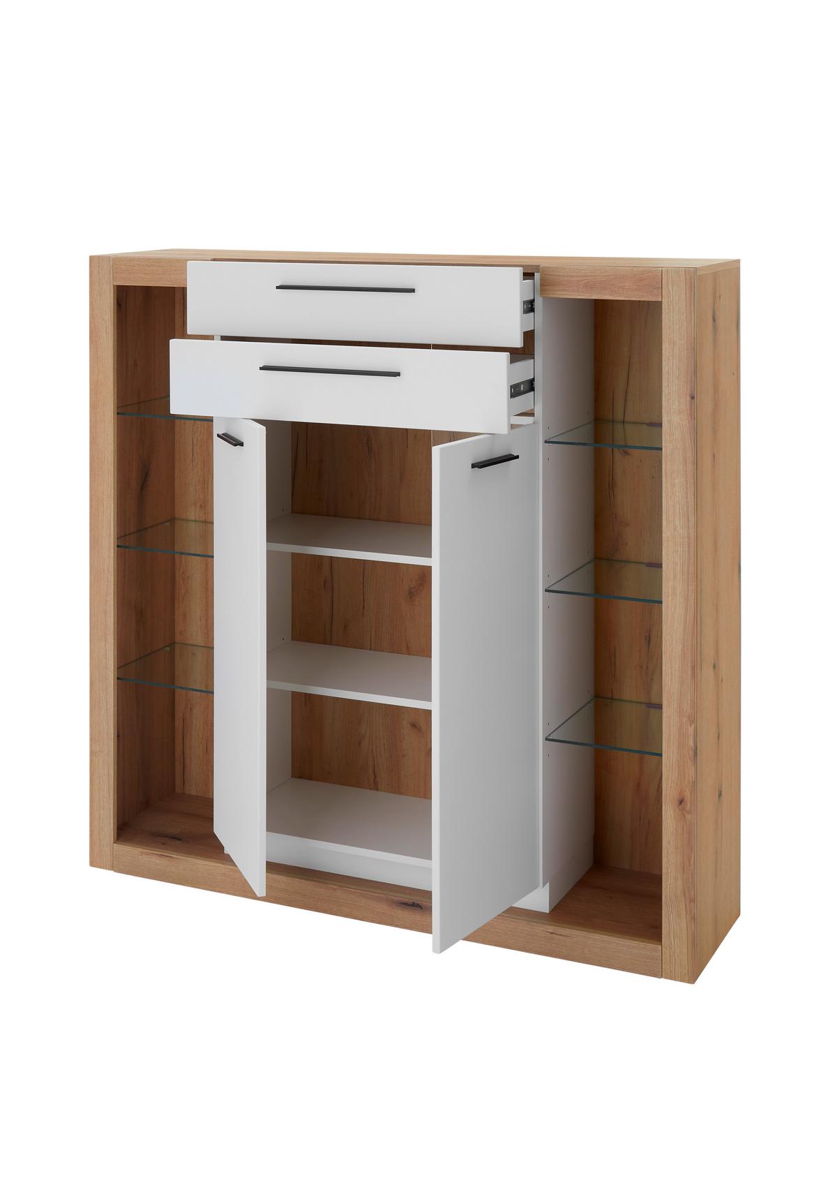Highboard Brixen Weiß/Eichefarben B: 141cm - Eichefarben/Weiß, Design, Glas/Holzwerkstoff (141/139/37cm) - MID.YOU