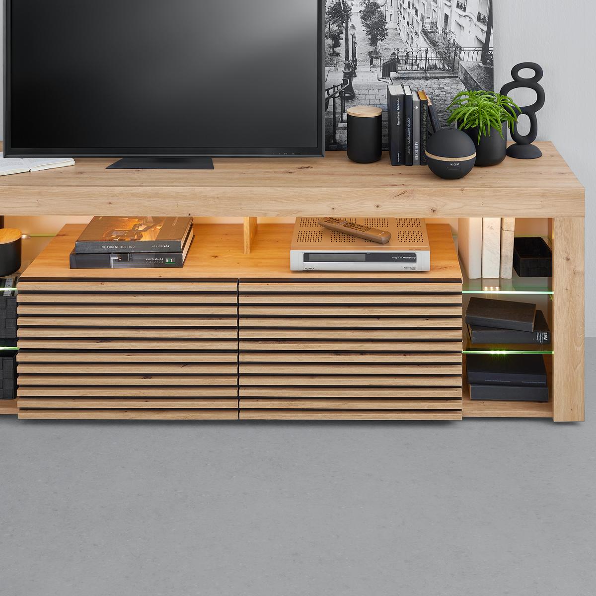 TV komoda GOAL dub Artisan - černá/dub artisan, Moderní, kompozitní dřevo/sklo (180/67/44cm) - Based