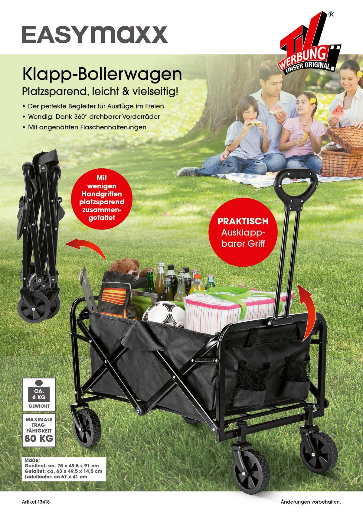 Bollerwagen Praktik Schwarz Max. 80 Kg mit Staufächern - Schwarz, MODERN, Kunststoff/Metall (67/16,5/50,5cm) - TV - Unser Original