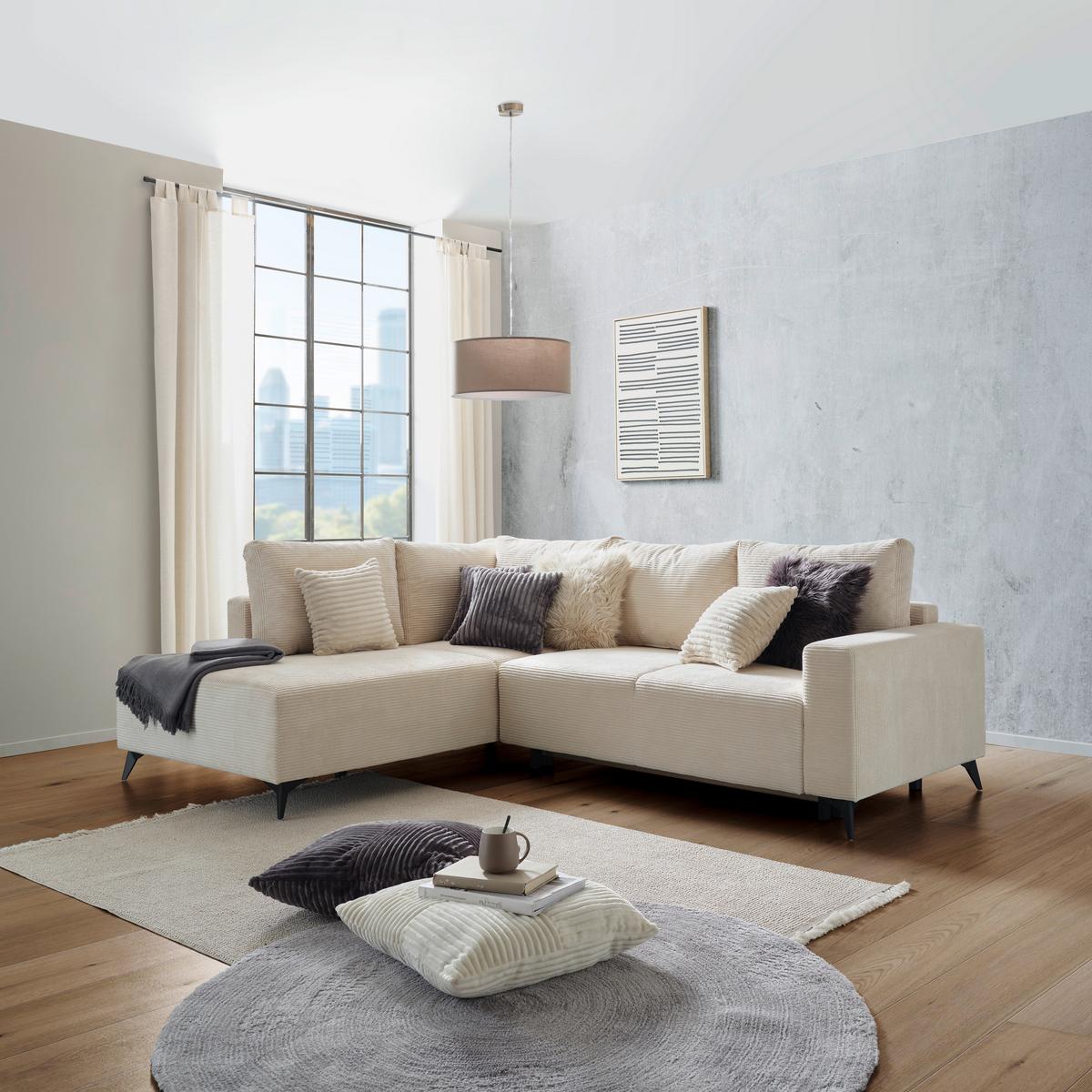 Ecksofa mit Schlaffunktion Viktor Creme Cord 212x270 cm - Creme/Schwarz, MODERN, Textil (212/270cm)