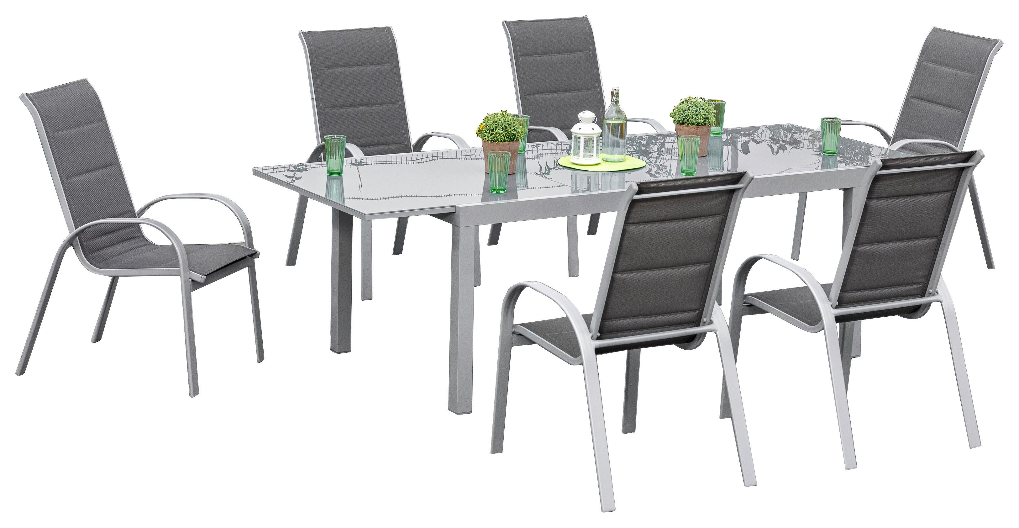 Gartenmöbel Set 7--teilig Amalfi di Lusso Metall/Glas/Textil - Anthrazit/Silberfarben, KONVENTIONELL, Glas/Textil - Gardenson
