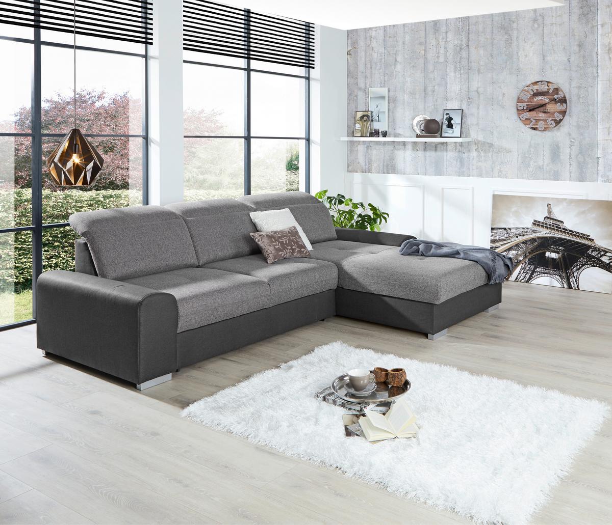 Ecksofa mit Schlaffunktion + Bettkasten Malaga, Webstoff - Silberfarben/Graphitfarben, KONVENTIONELL, Textil (286/203cm) - Ondega