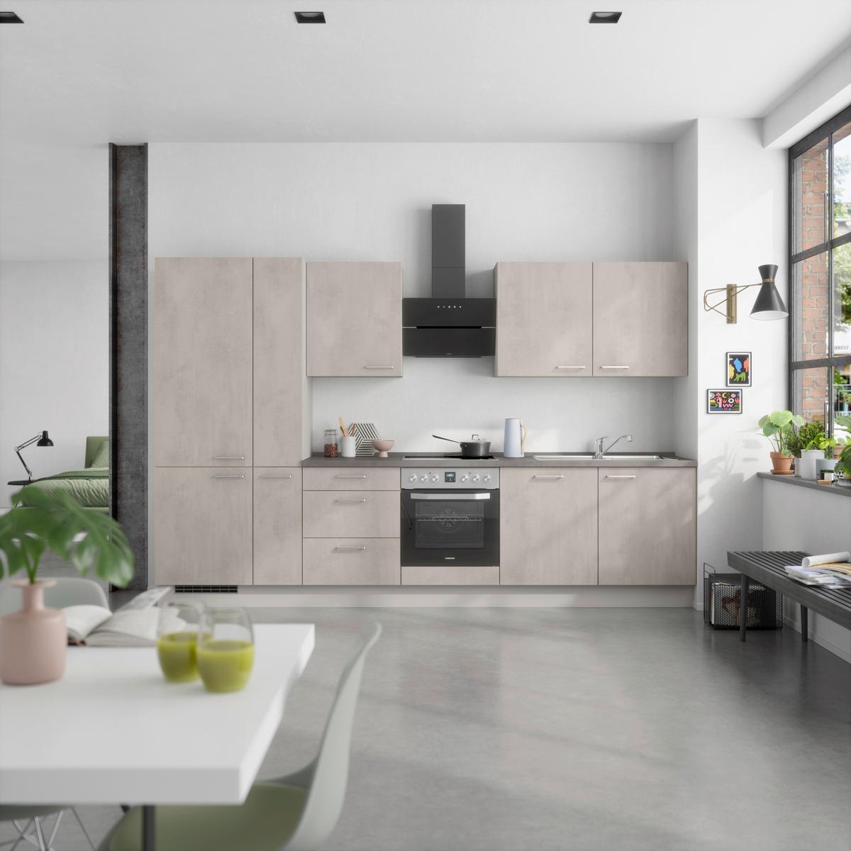 Kuchynská linka 330 cm, šedý betón/ kamenná šedá - sivá/farba ušľachtilej ocele, Modern, kov/kompozitné drevo (330cm) - Nobilia