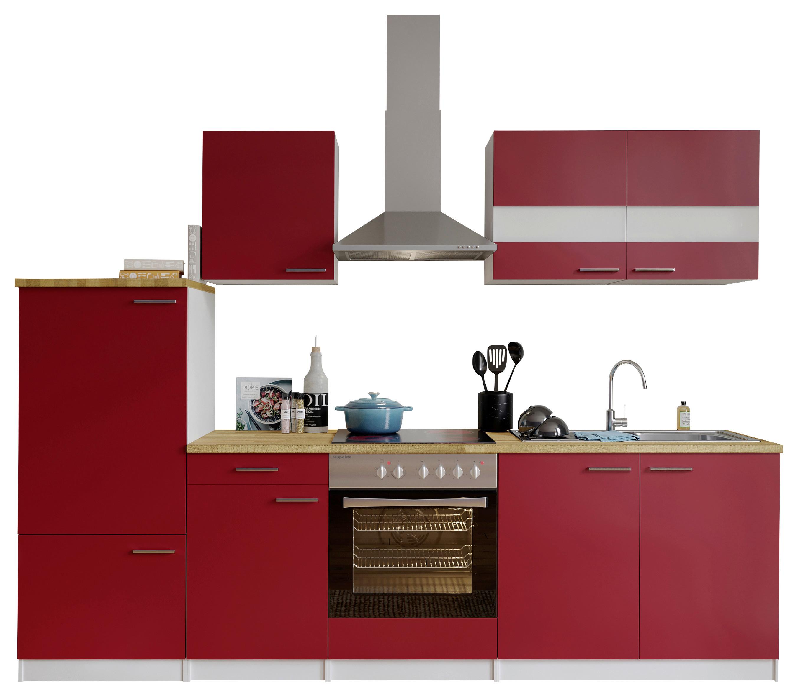 Küchenzeile ohne Geräte B: 270 cm Weiß/Rot/Nussbaum Dekor - Rot/Nussbaumfarben, Basics, Holzwerkstoff (270cm) - Respekta
