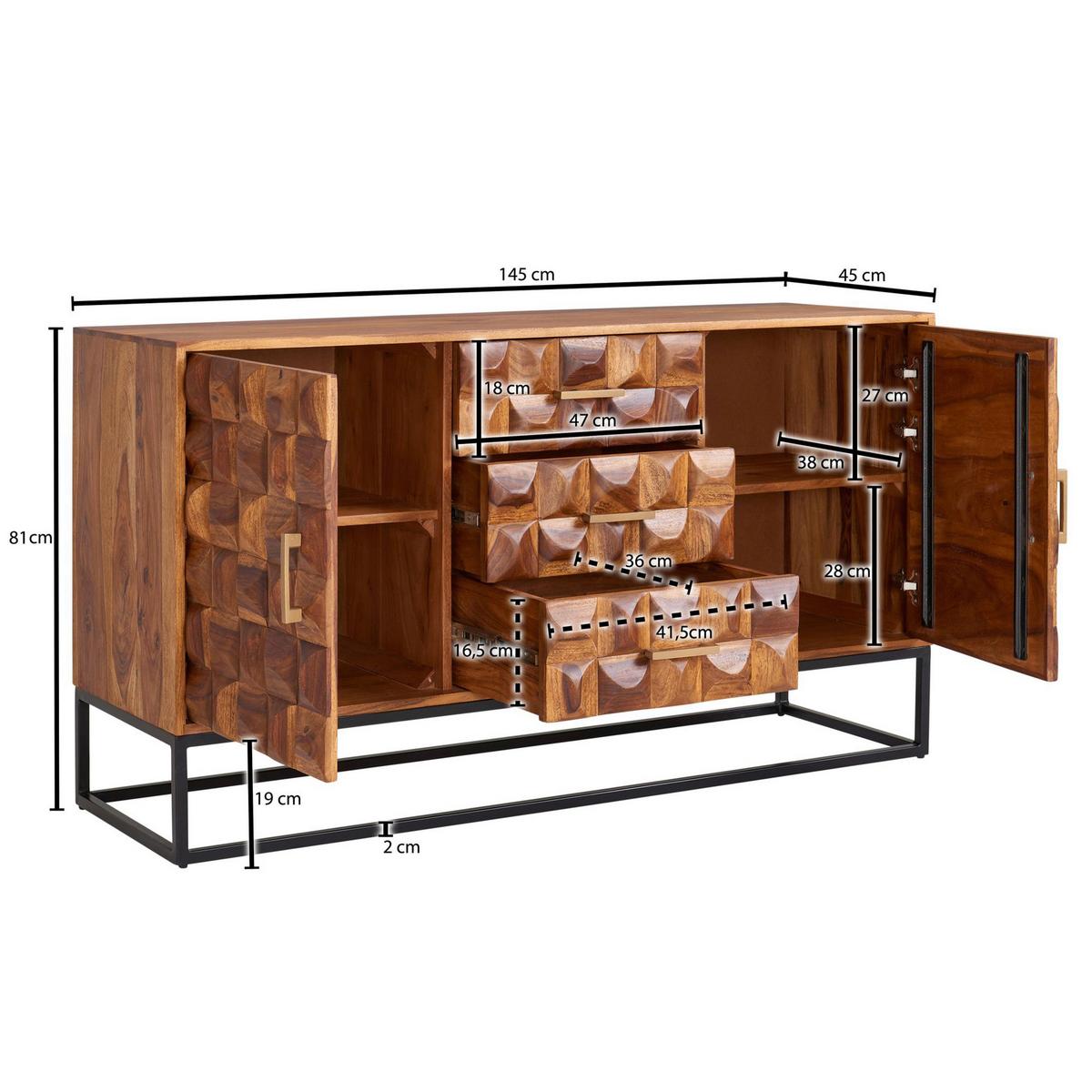 Sideboard Sheesham Sheeshamfarben B: 145 Cm - Sheeshamfarben/Schwarz, Design, Holz (145/81/45cm) - MID.YOU