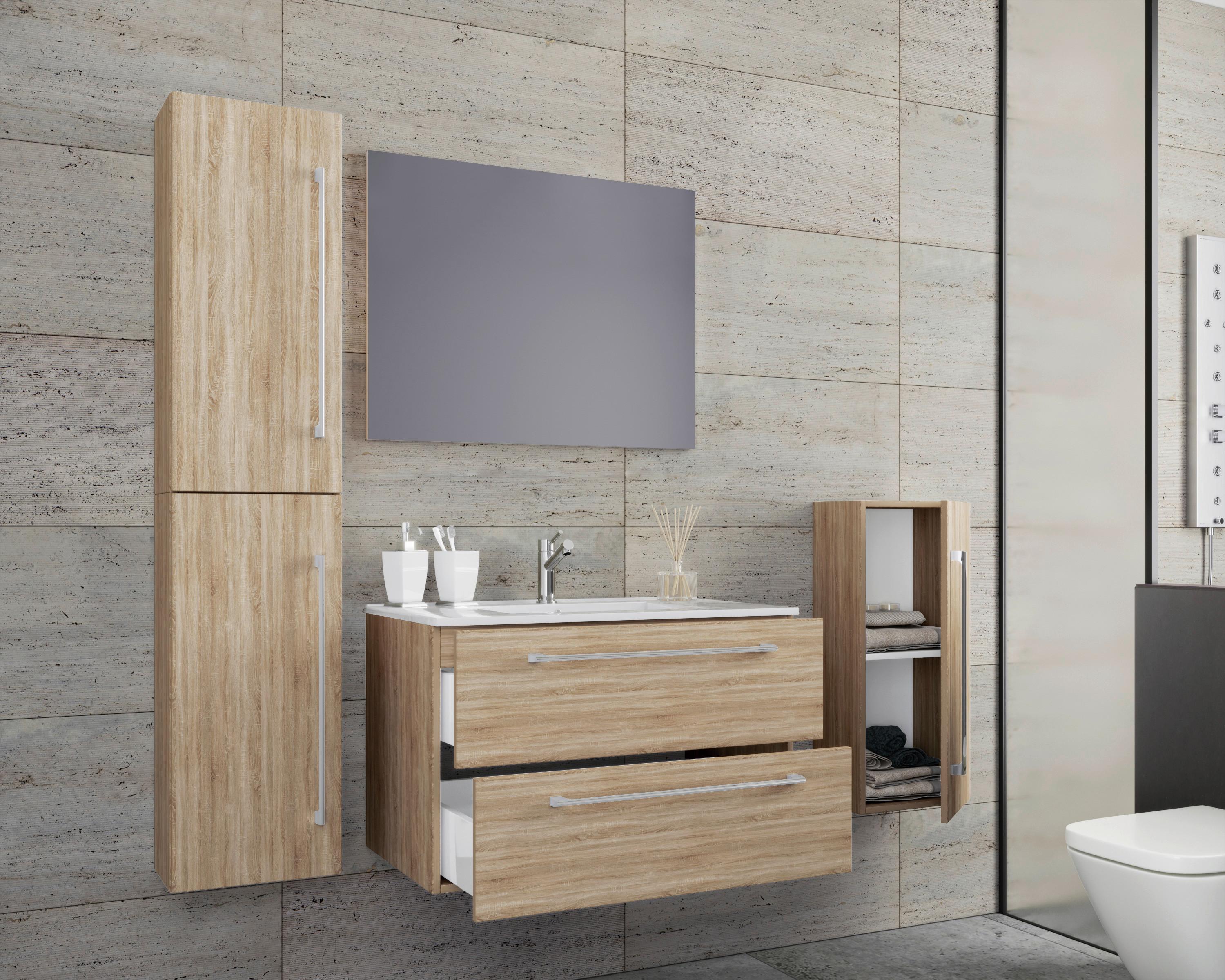 Badezimmer Badinos 5-Teilig Sonoma Eiche B: 80 cm - Schwarz/Weiß, MODERN, Keramik/Holzwerkstoff (147cm) - MID.YOU