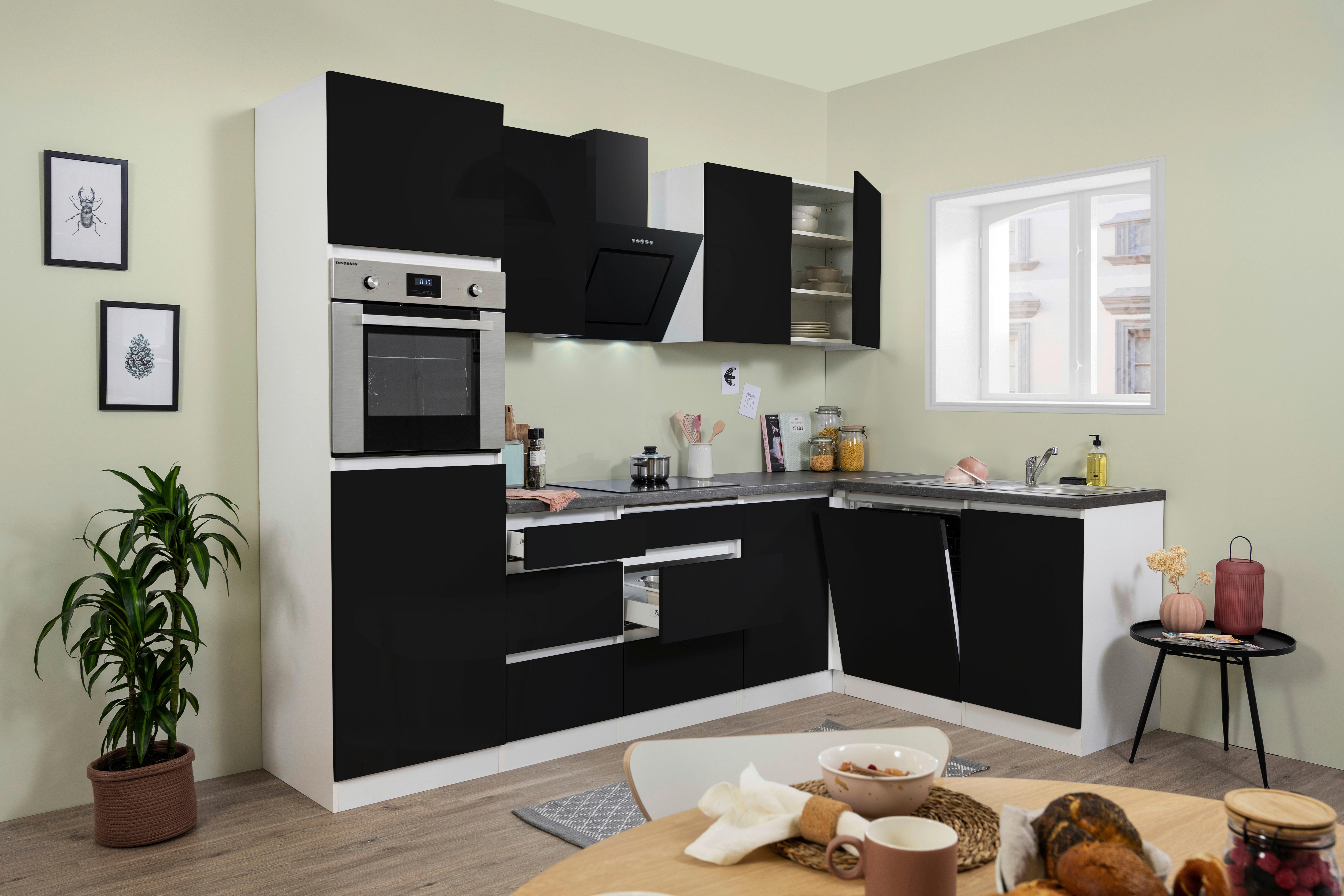 Küchenzeile Premium mit Geräten 280 cm Weiß/Schwarz Modern - Schwarz Hochglanz/Schwarz, MODERN, Holzwerkstoff (280/172cm) - Respekta