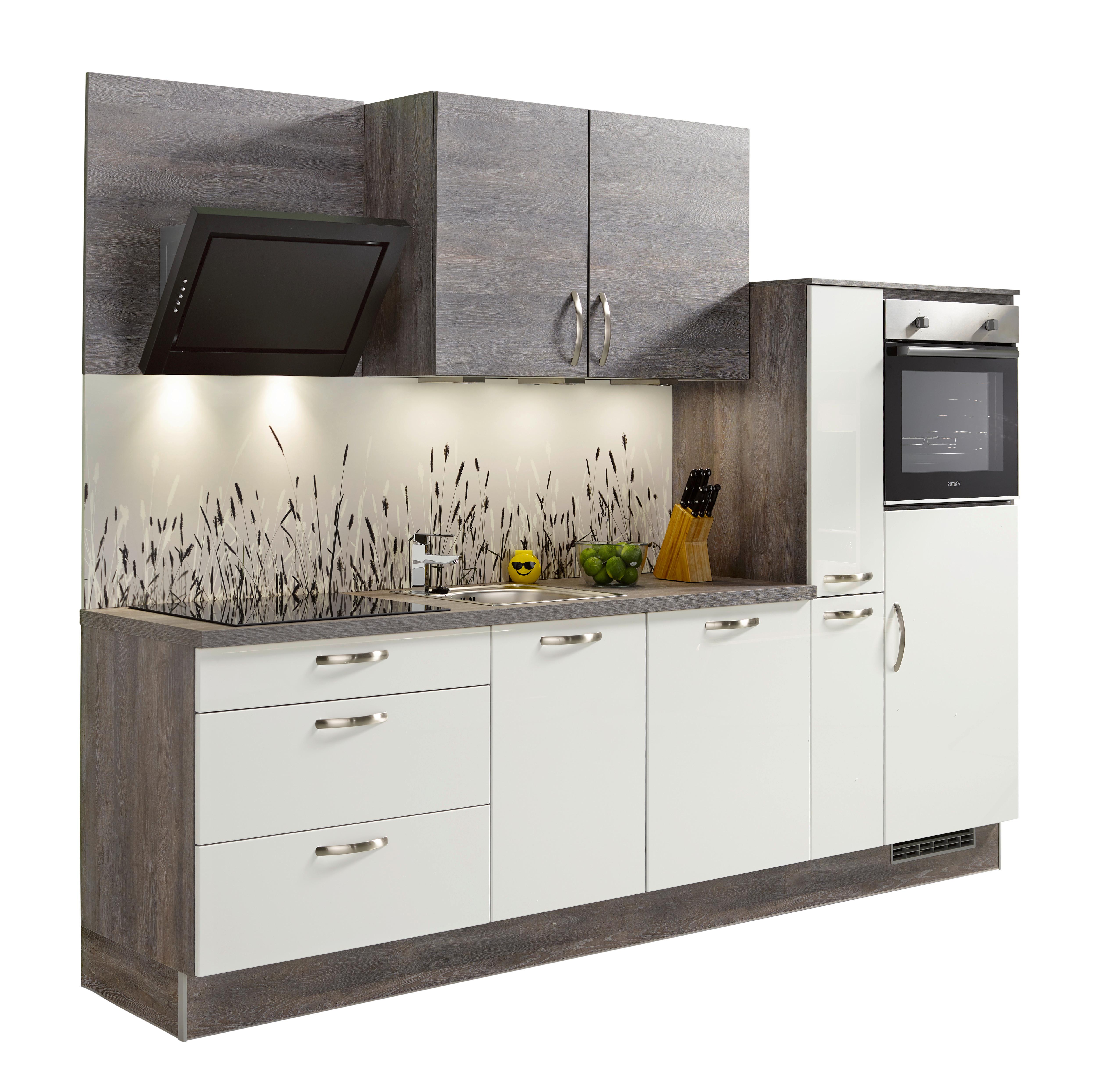 Küchenzeile Pn220/Pn100 mit Geräten 280 cm Weiß/Steingrau - Eichefarben/Weiß, MODERN, Holzwerkstoff (280cm) - Pino