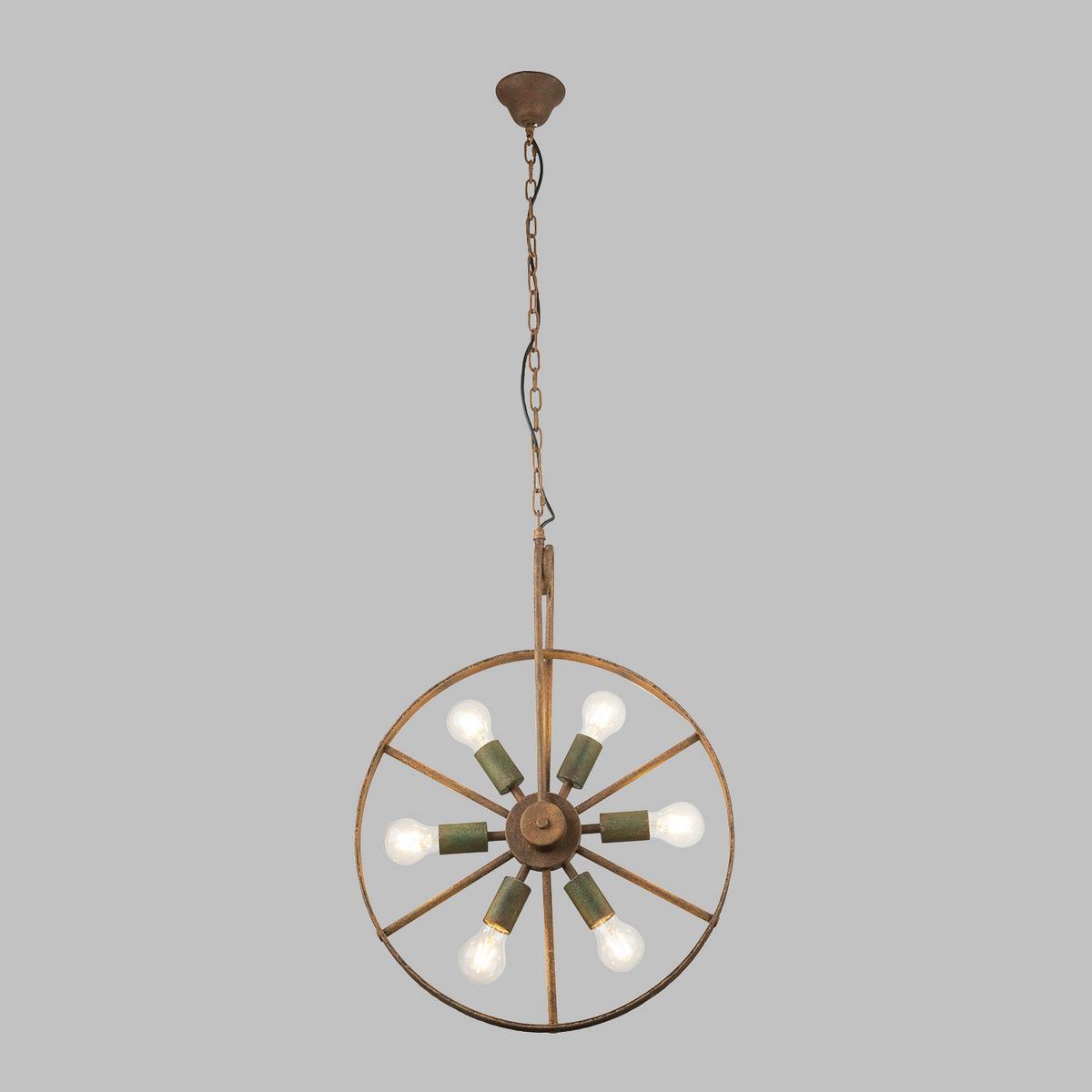 Hängeleuchte Maja H: 133 Cm 6-Flammig Im Wagenrad-Design - Rostfarben/Grün, ROMANTIK / LANDHAUS, Metall (50/133cm) - Globo