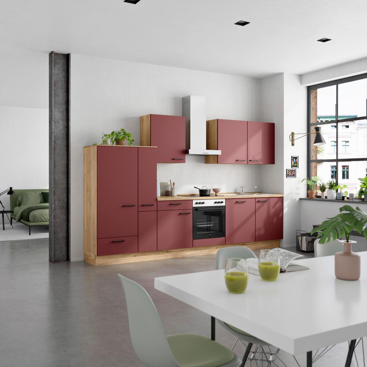 Küchenleerblock Easytouch Low-Line, L11 Links - Eichefarben/Rot, MODERN, Holzwerkstoff (330cm) - Nobilia