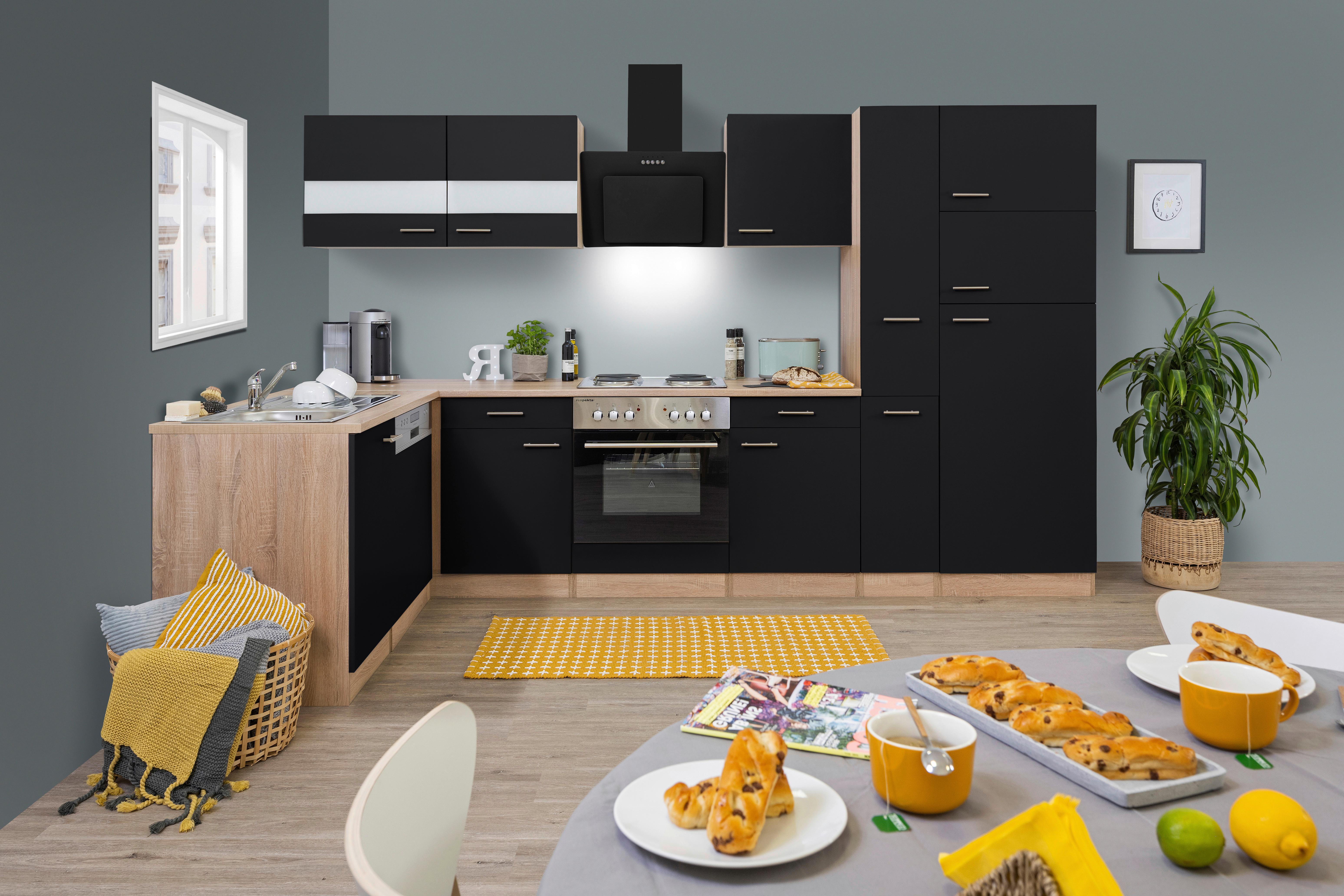 Eckküche Economy mit Geräten 172x310 cm Schwarz/Eiche Dekor - Eichefarben/Schwarz, Basics, Glas/Holzwerkstoff (172/310cm) - Respekta