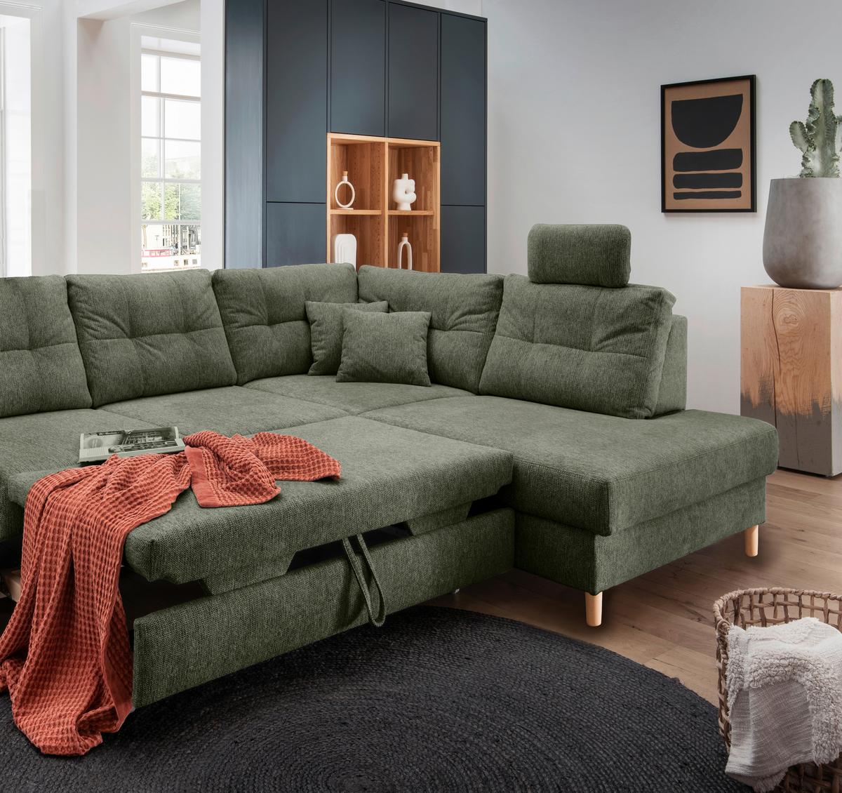 Ecksofa Brizzini Dunkelgrün S: 264x206 Cm - Dunkelgrün/Naturfarben, MODERN, Textil (264/206cm) - Livetastic