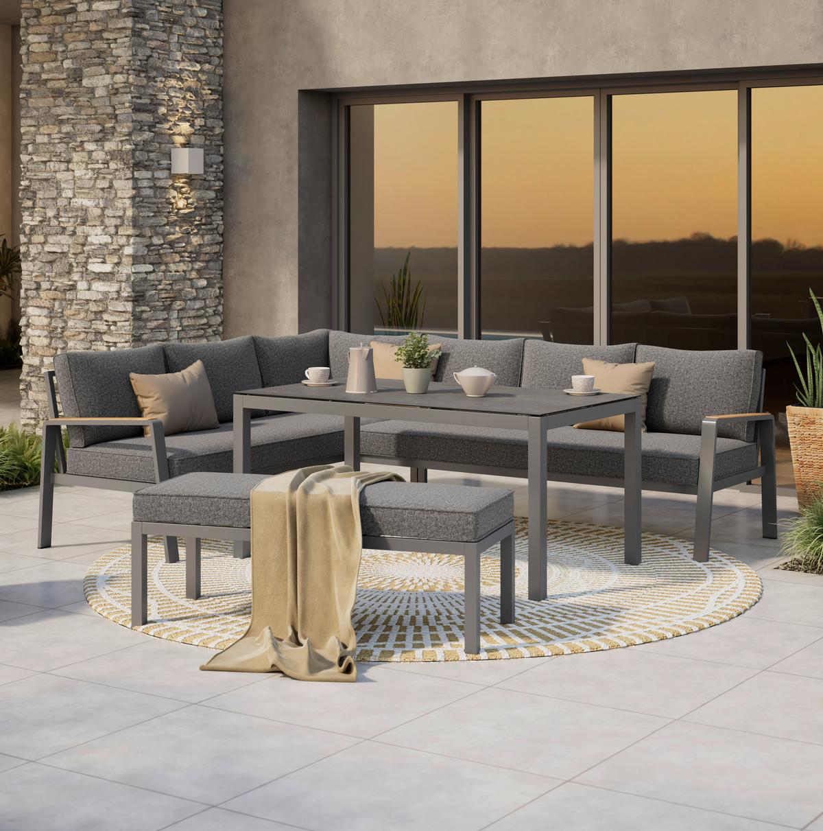 Loungegarnitur 3-Tlg Lecce Metall/Textil/Glas mit Kissen - Anthrazit/Schwarz, MODERN, Glas/Textil (194/255cm) - Beldano