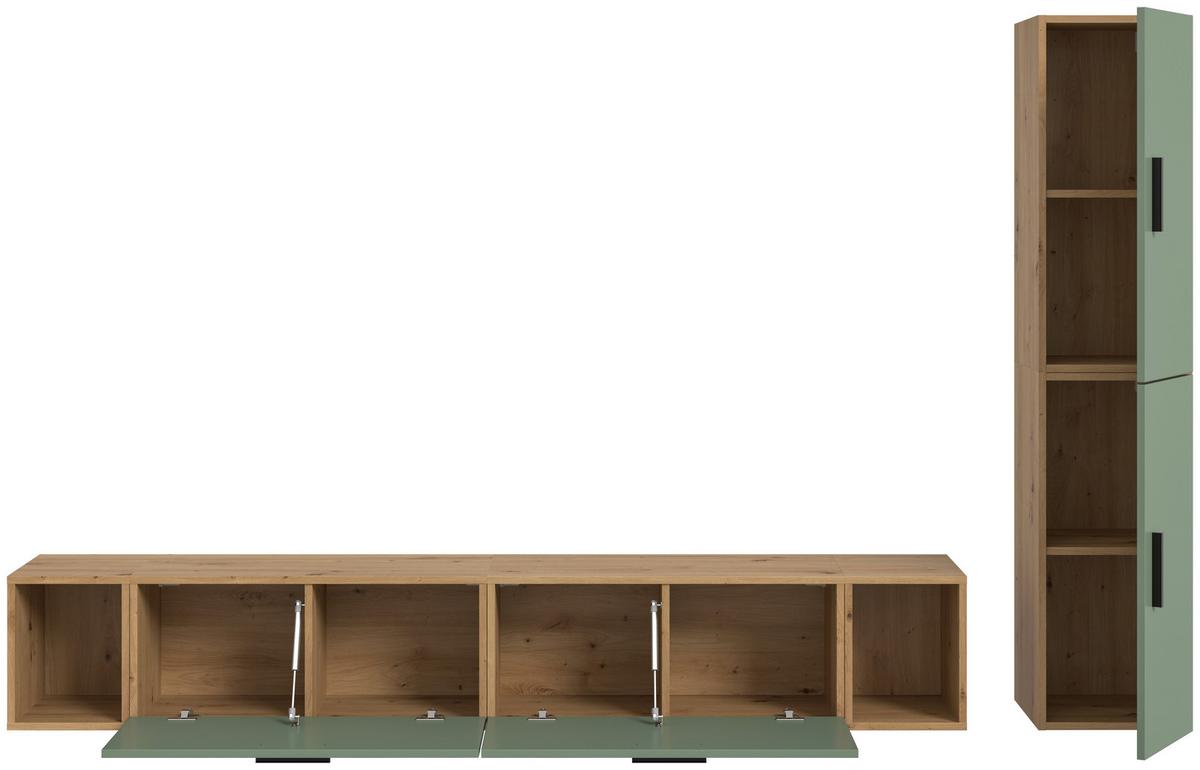 Wohnwand, The ONE 1, B: 259 cm Olivgrün/Artisan Eiche Dekor - Schwarz/Weiß, Trend, Holzwerkstoff (259/182/34cm)