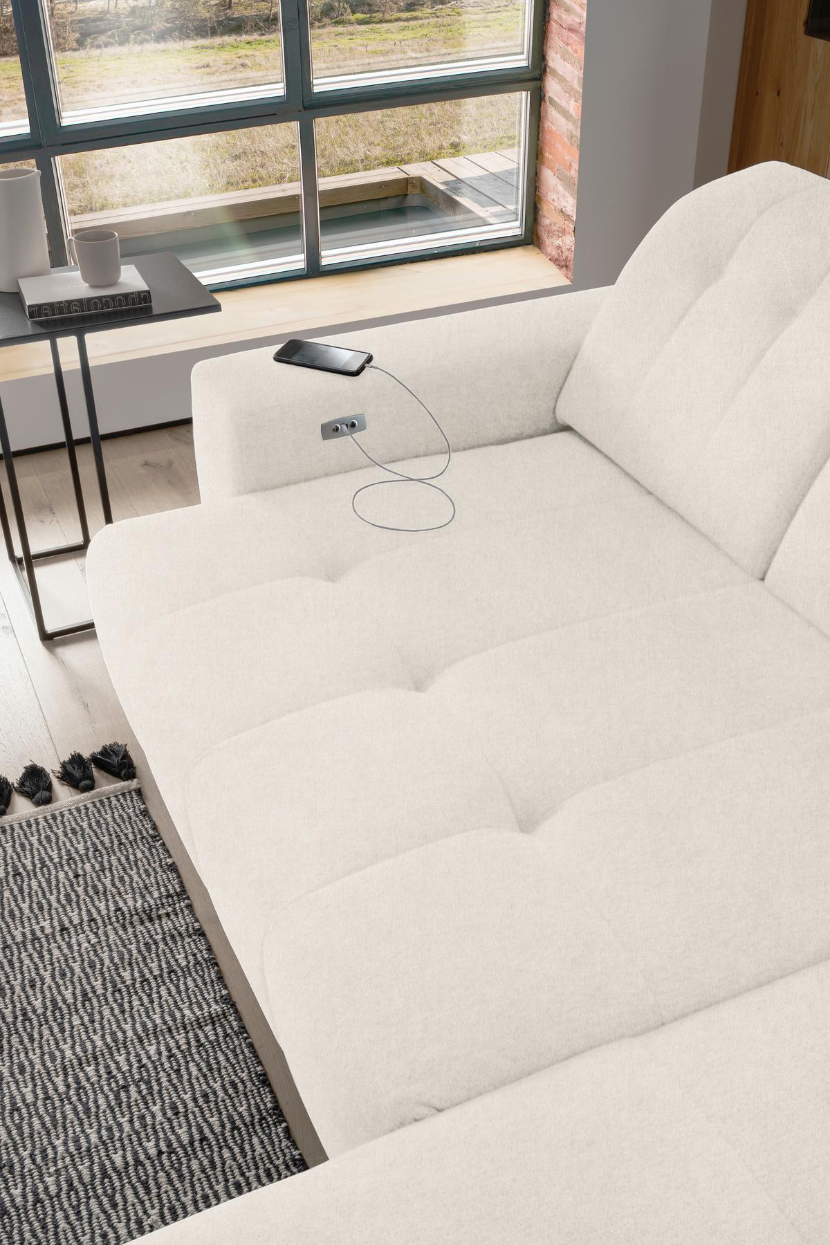 Ecksofa mit USB Anschluss Sano, Creme, S: 258x180 cm - Creme/Schwarz, MODERN, Textil (258/180cm) - Livetastic