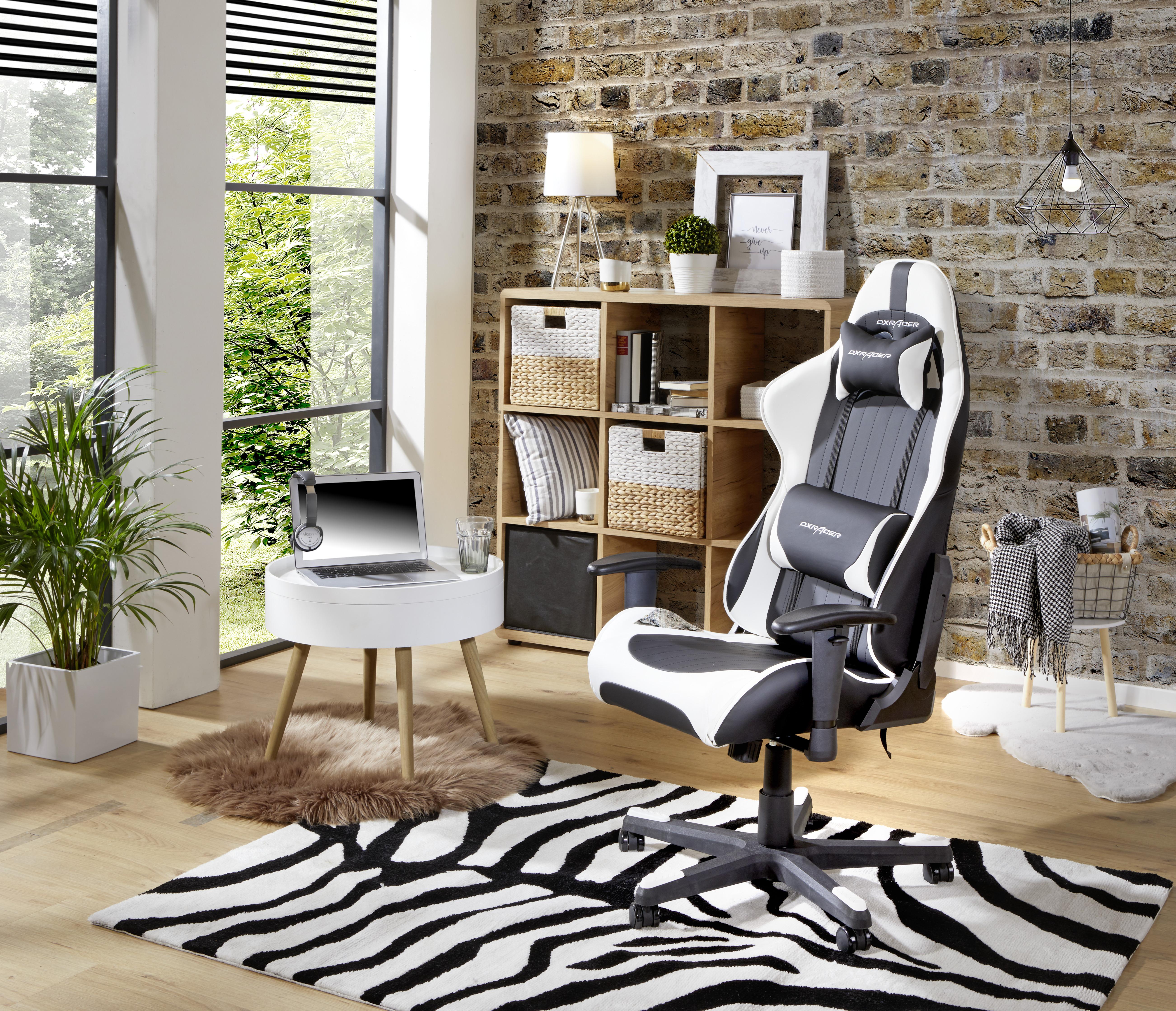 Gaming Stuhl Dxracer Mit Rückenkissen, Schwarz/Weiß - Schwarz/Weiß, MODERN, Kunststoff/Metall (74/123-132/52cm) - Dxracer
