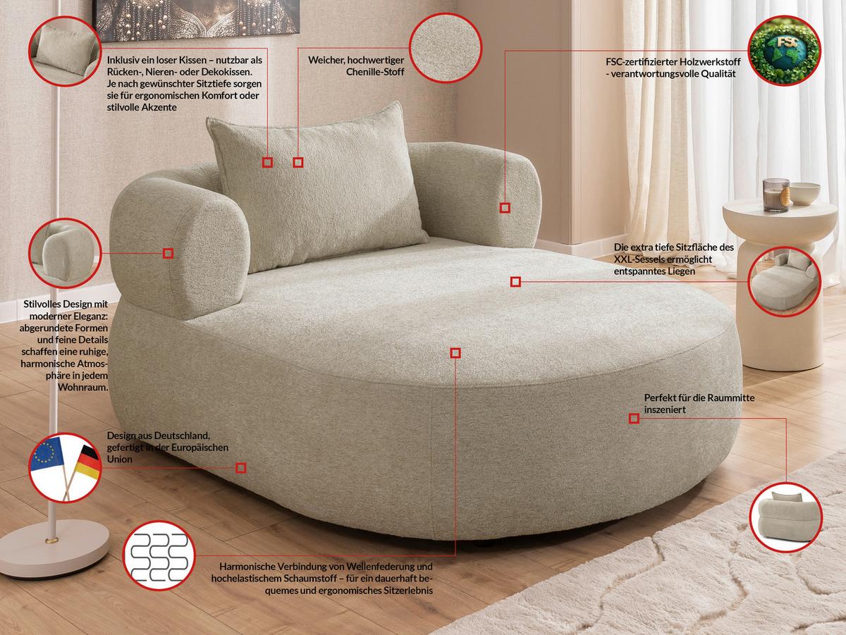 Xxl-sessel Ferro Beige B: 122 Cm - Beige/Schwarz, Design, Textil (122/76/156cm) - Livetastic