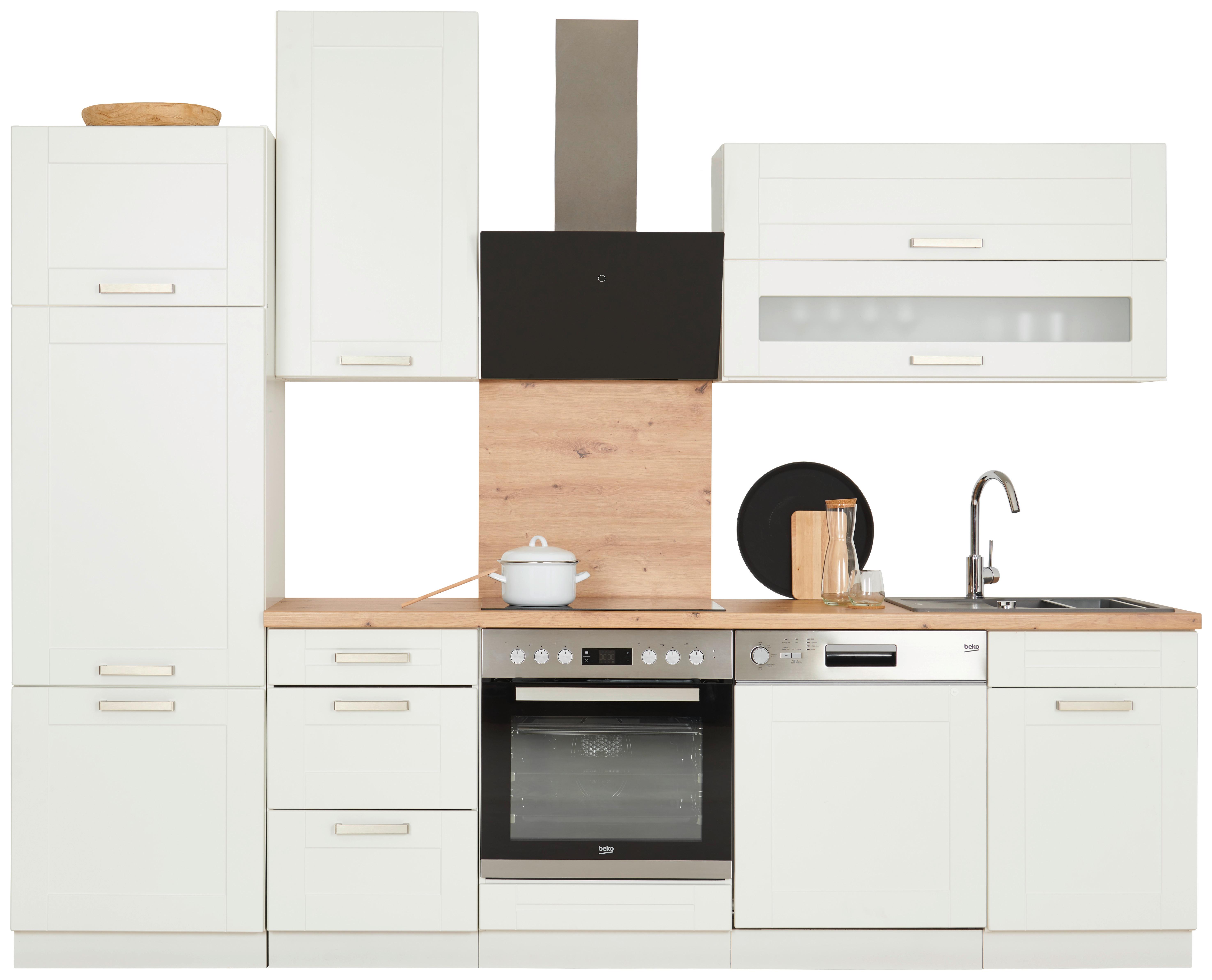 Kuchynský blok LUISA bez spotrebičov, šírka 280 cm - biela/strieborná, Romantik / Landhaus, kompozitné drevo/sklo (280cm)