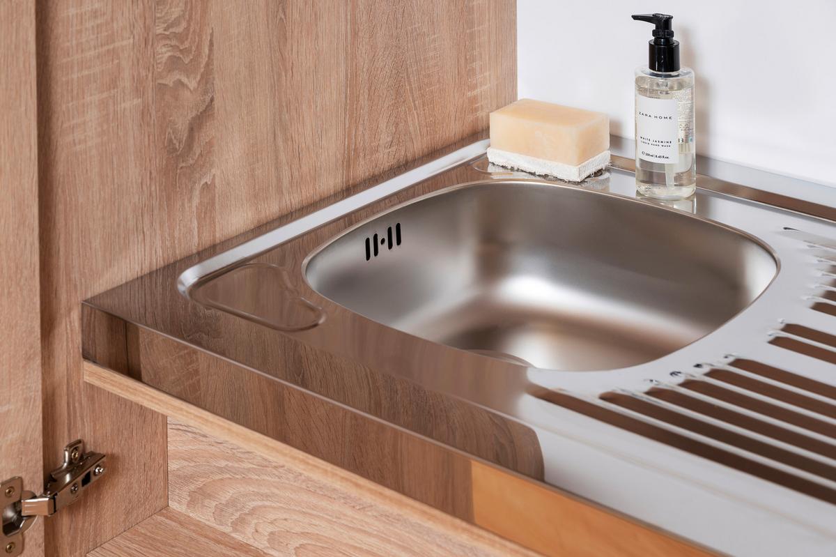 Schrankküche mit Kühlschrank + Kochfeld 104 cm Weiß - Edelstahlfarben/Eichefarben, KONVENTIONELL, Holzwerkstoff/Metall (104/193/67cm) - Respekta