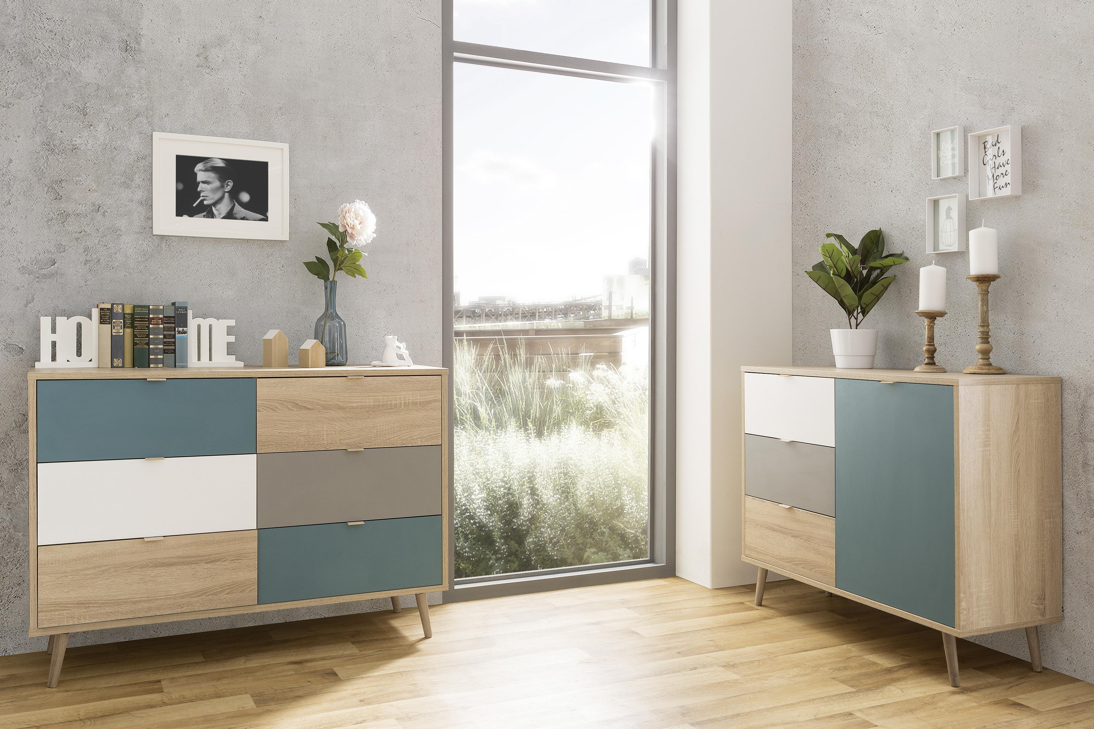 Kommode B 120cm Cuba 3-trend, Eiche Dekor/grau, Weiß, Petrol - Eichefarben/Petrol, Trend, Holzwerkstoff (120/85/40cm) - MID.YOU