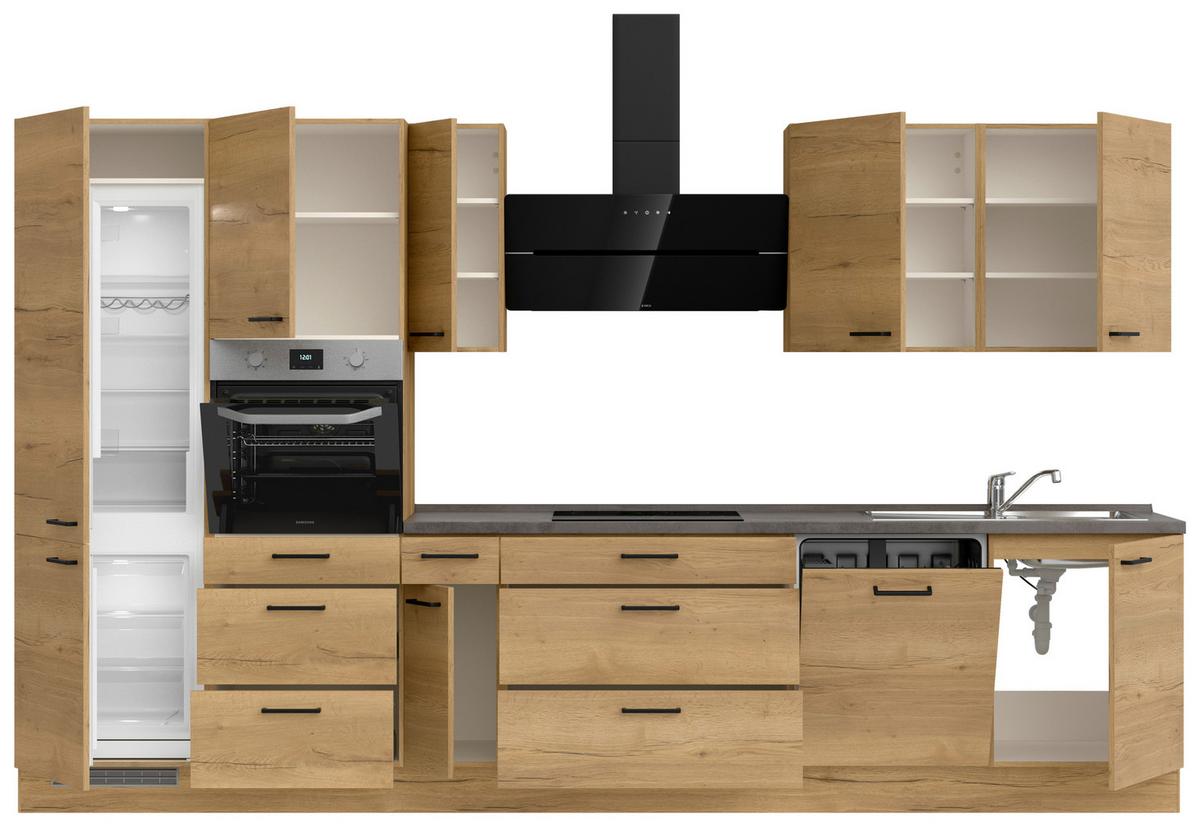 Kuchynská linka 360 cm, dub Sierra - čierna/farba duba, Modern, kov/kompozitné drevo (360cm) - Nobilia