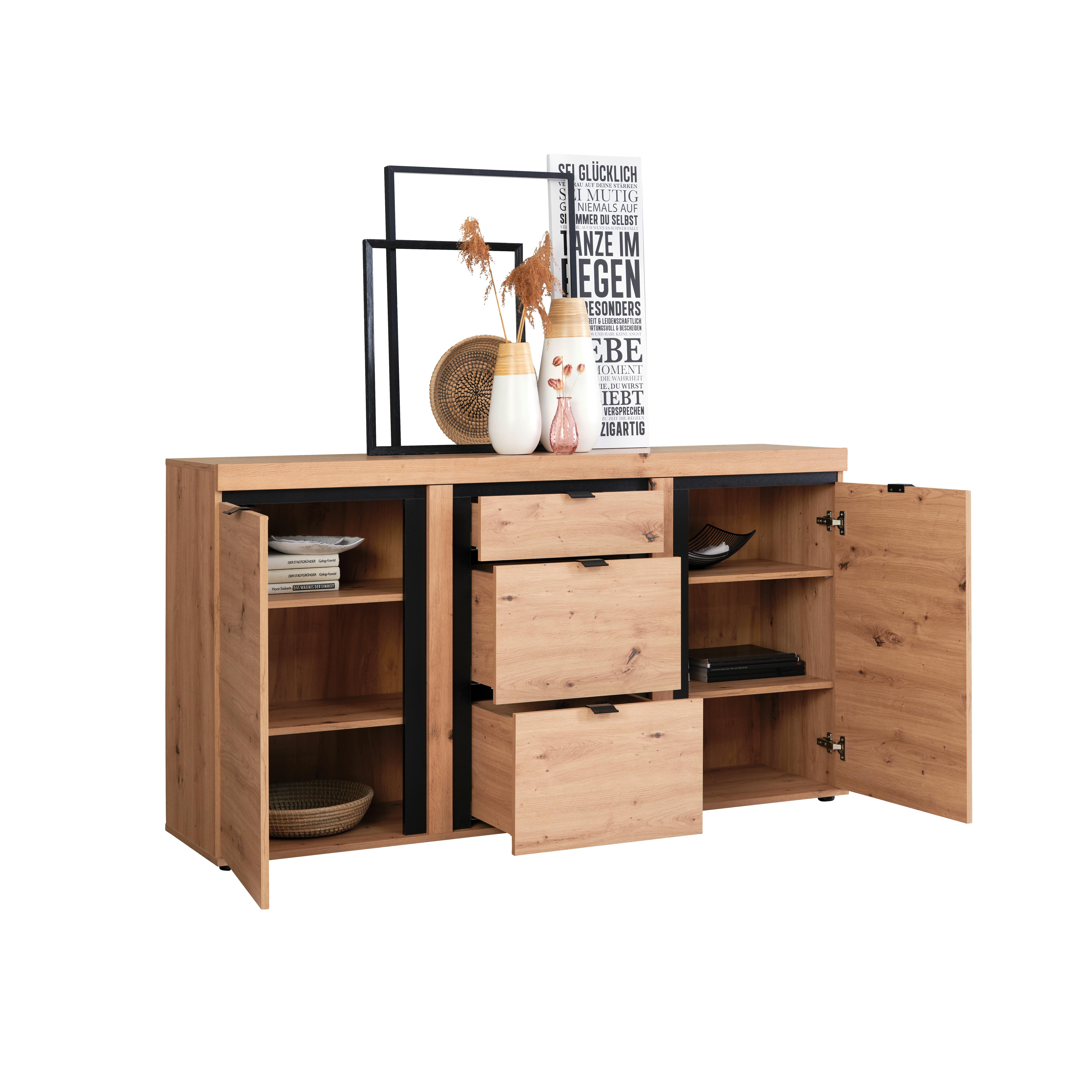 Sideboard Mit Soft-close B: 167,3 Cm Nyon, Eiche Dekor - Eichefarben/Schwarz, MODERN, Holzwerkstoff (167,3/90,9/40,5cm)