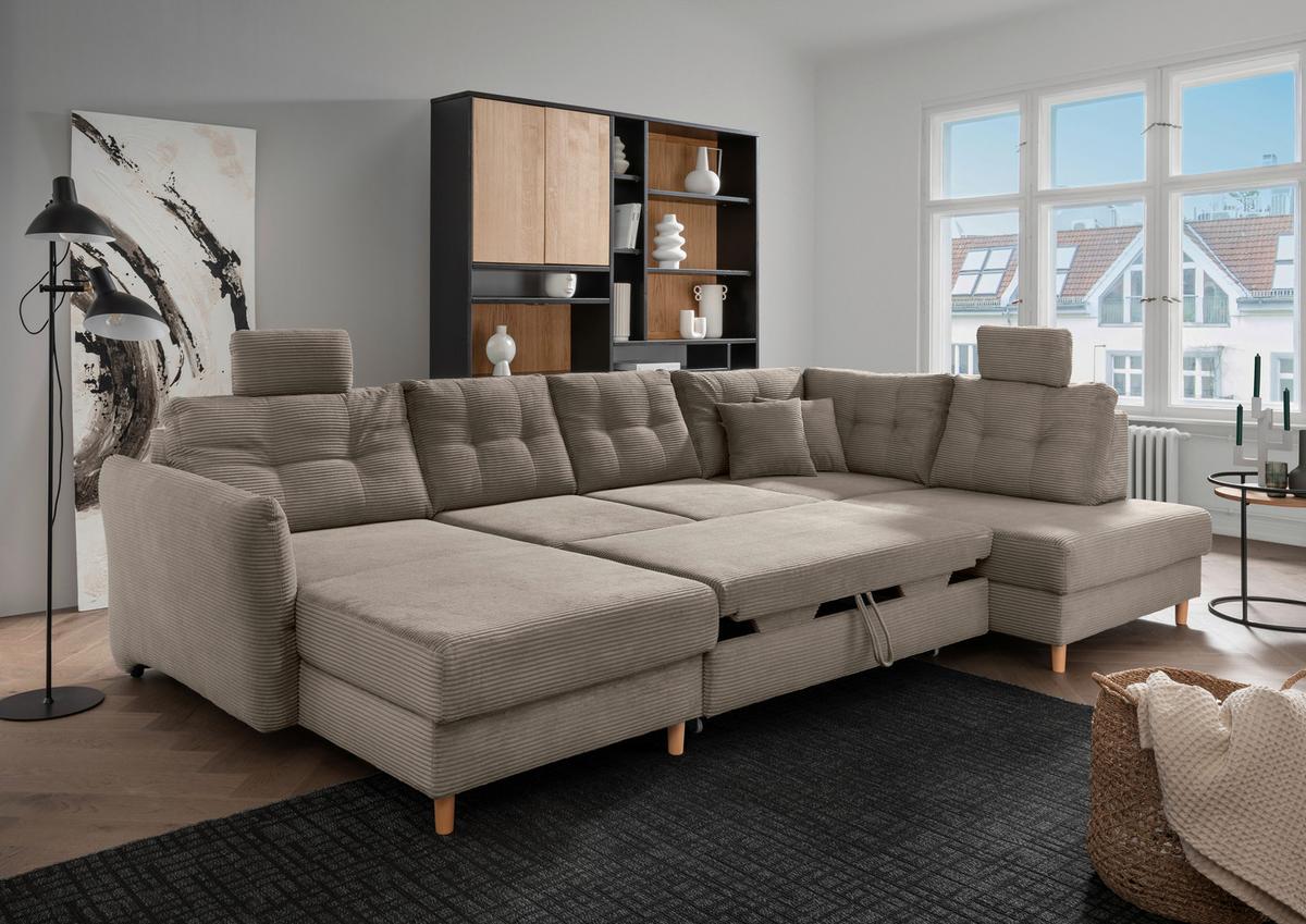 Wohnlandschaft Brizzini mit Schlaffunktion, Graubraun - Graubraun/Naturfarben, MODERN, Textil (176/338-352/206cm) - Livetastic