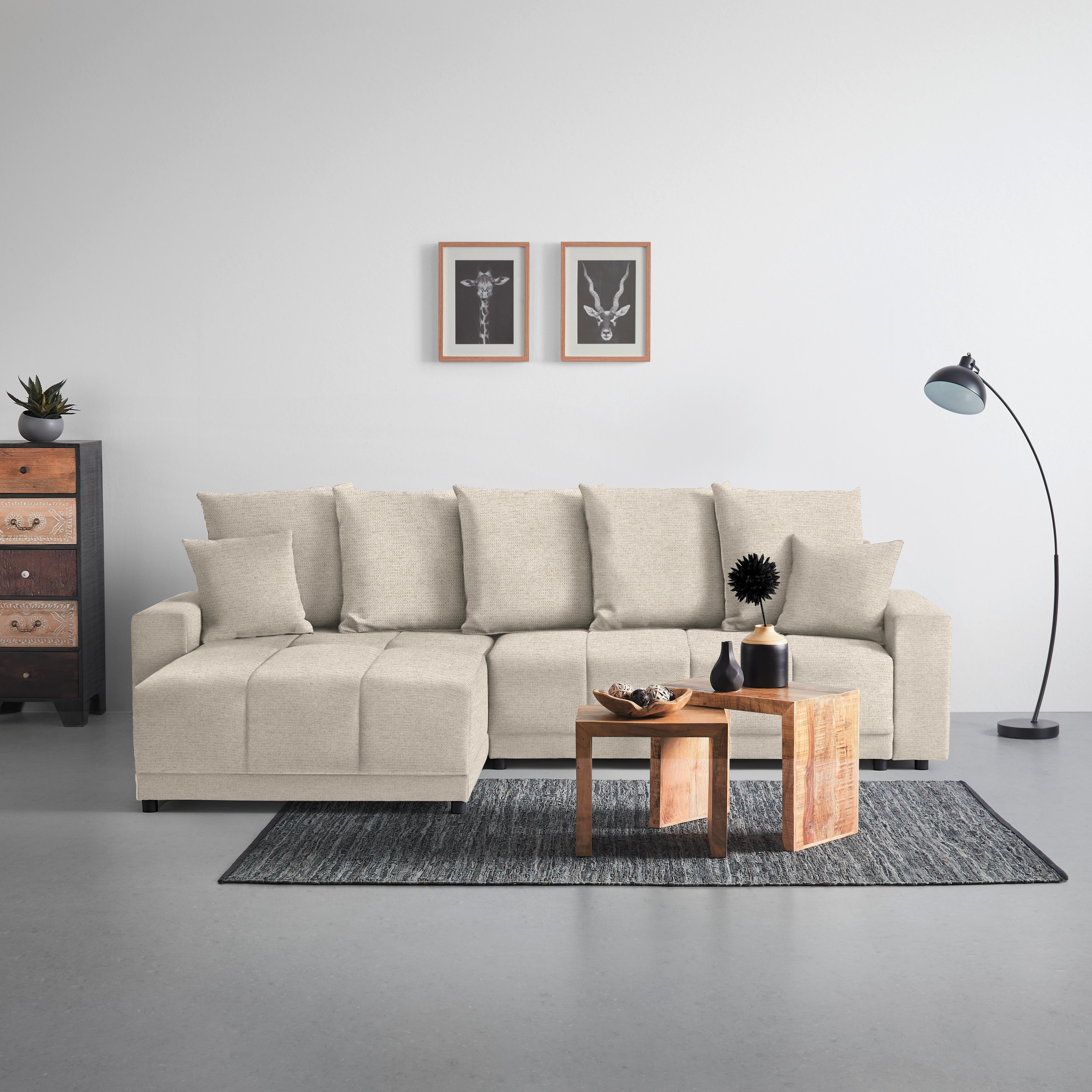 Rohová sedačka ALATRI, oboustranná,béžová,s polštáři - černá/zelená, Moderní, textil/plast (289/90/176cm) - Based