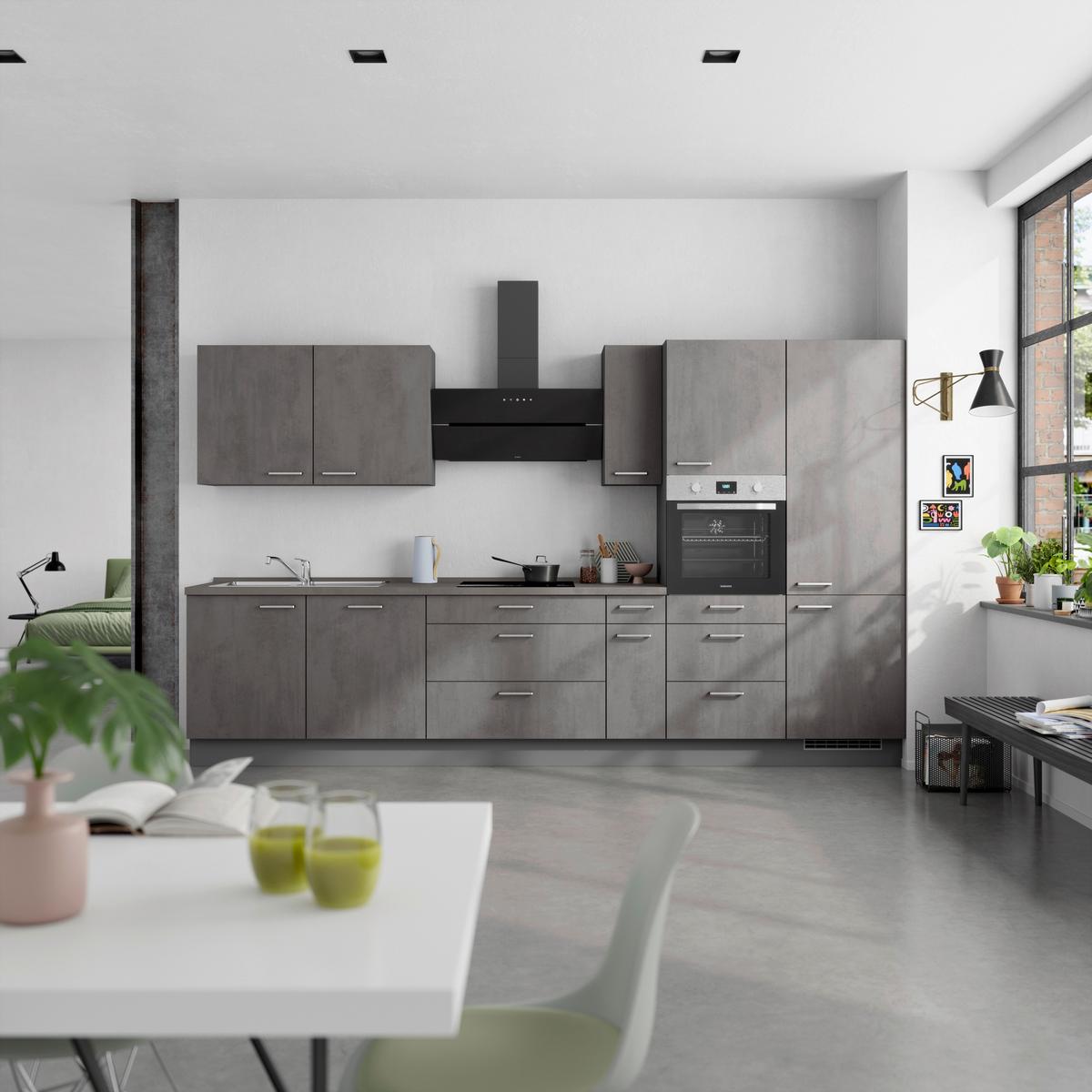 Kuchynská linka 360 cm, bridl.šedý betón/bridl.šedá - farba ušľachtilej ocele/bridlicová, Modern, kov/kompozitné drevo (360cm) - Nobilia