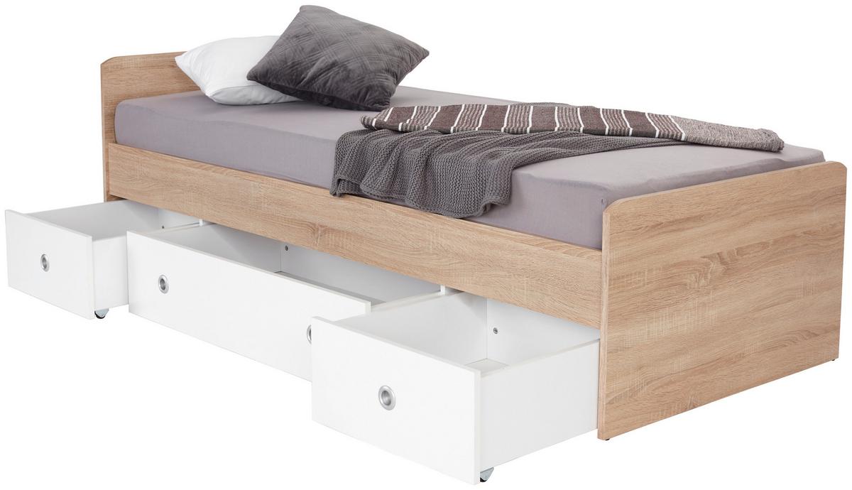 Stauraumbett Wiki 90x200 Eiche/weiß - Weiß/Sonoma Eiche, KONVENTIONELL, Holzwerkstoff (204/66/95cm)