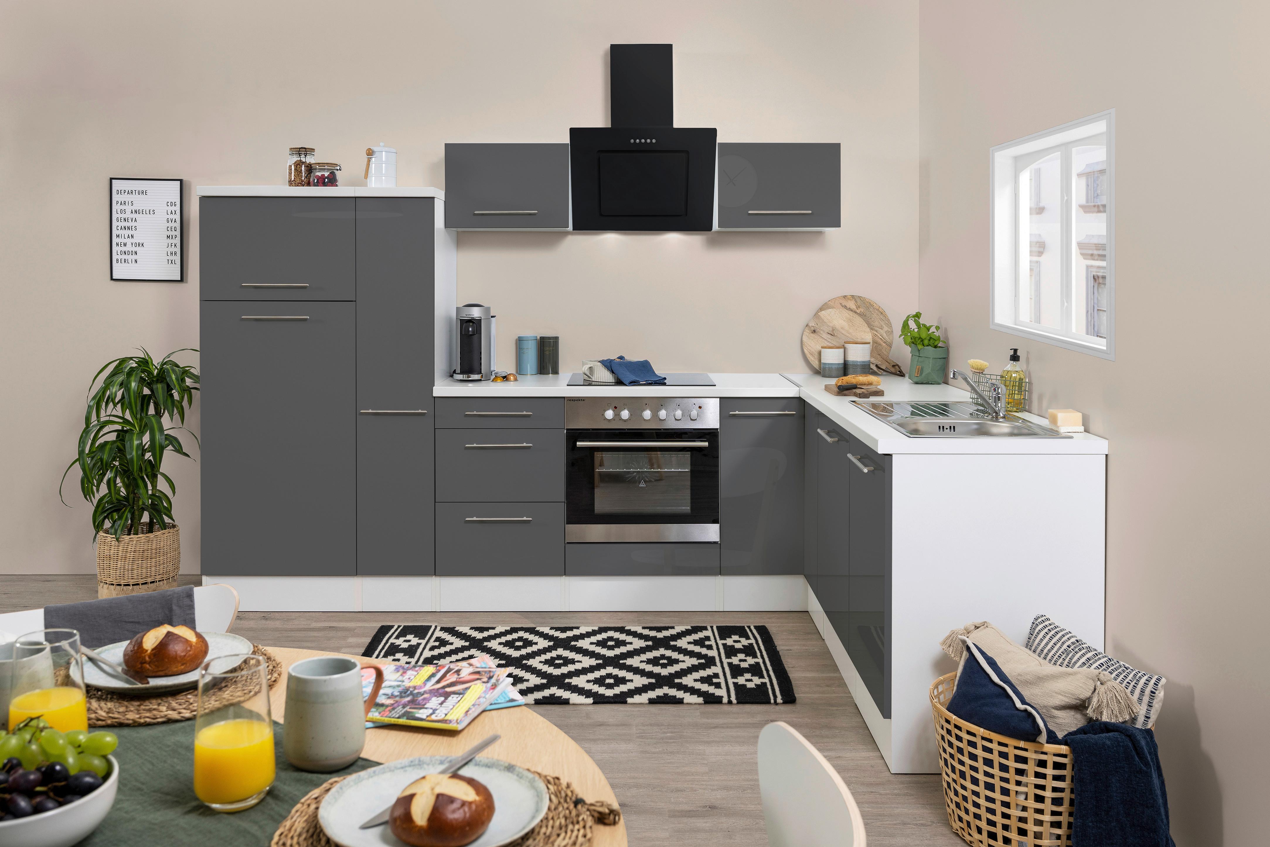 Eckküche Rp290wgc mit Geräten 290x200 cm Grau/Weiß - Grau Hochglanz/Weiß, KONVENTIONELL, Holzwerkstoff (290/200cm) - Respekta