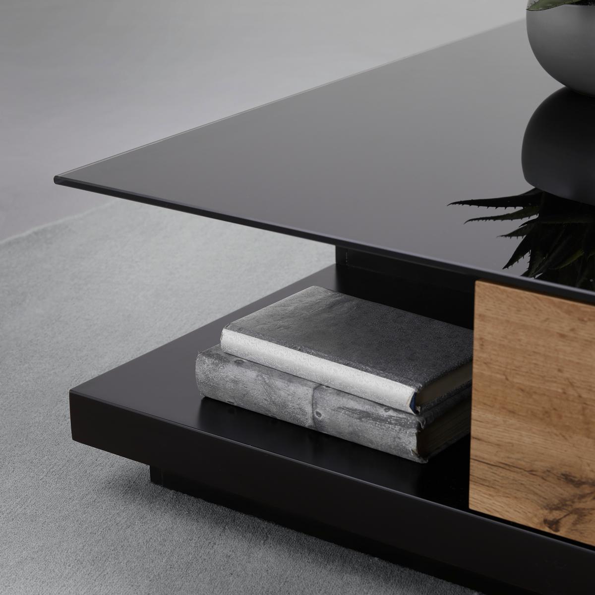 Konferenčný stolík NEVIO - čierna/farba duba, Modern, sklo (85/85/30cm) - Bessagi Home
