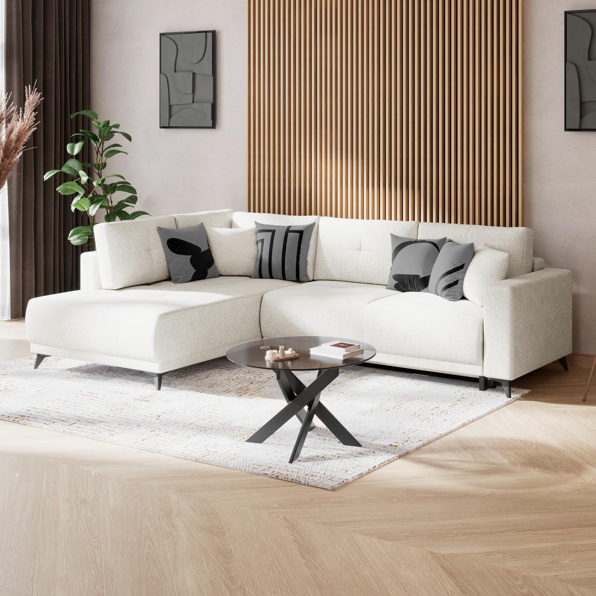 Ecksofa mit Schlaffunktion & Bettkasten Texas Creme - Creme/Schwarz, KONVENTIONELL, Holz (203/259cm)