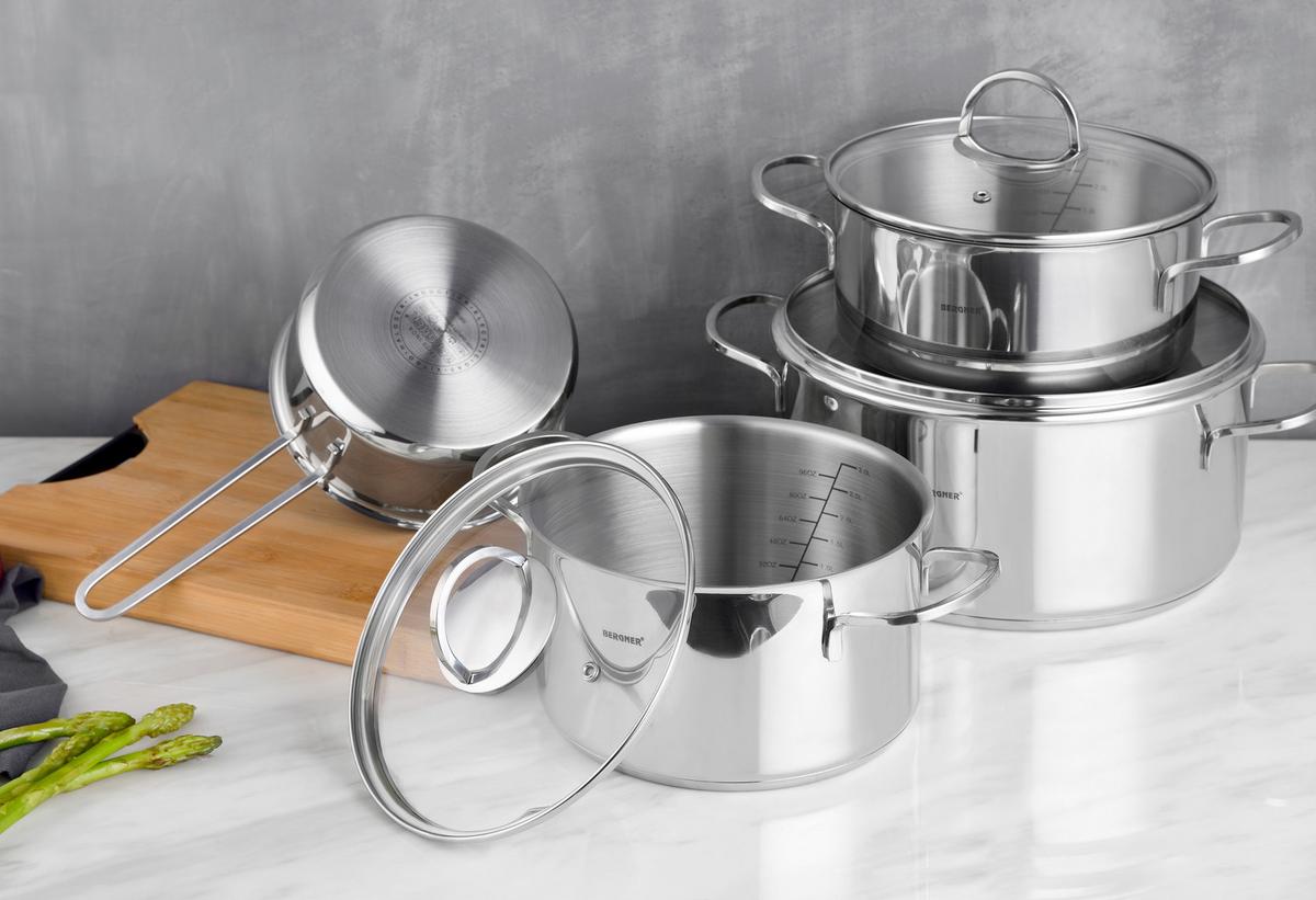 Kochtopfset Edelstahl 6-teilig - Edelstahlfarben/Transparent, Trend, Glas/Metall