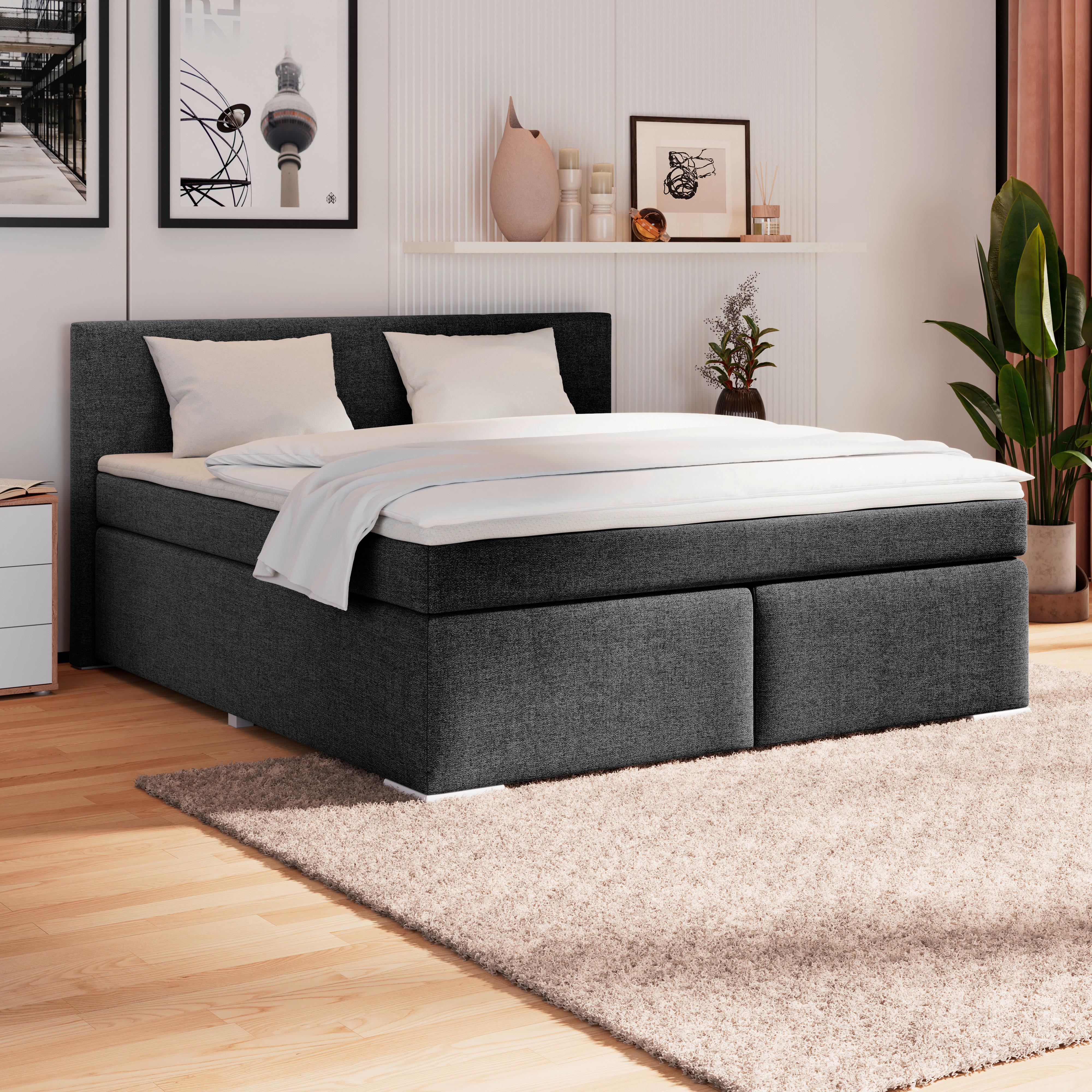 Boxspringbett Mira I Nordic, Lf: 160x200 cm - Alufarben/Schwarz, Basics, Textil (160/200cm)