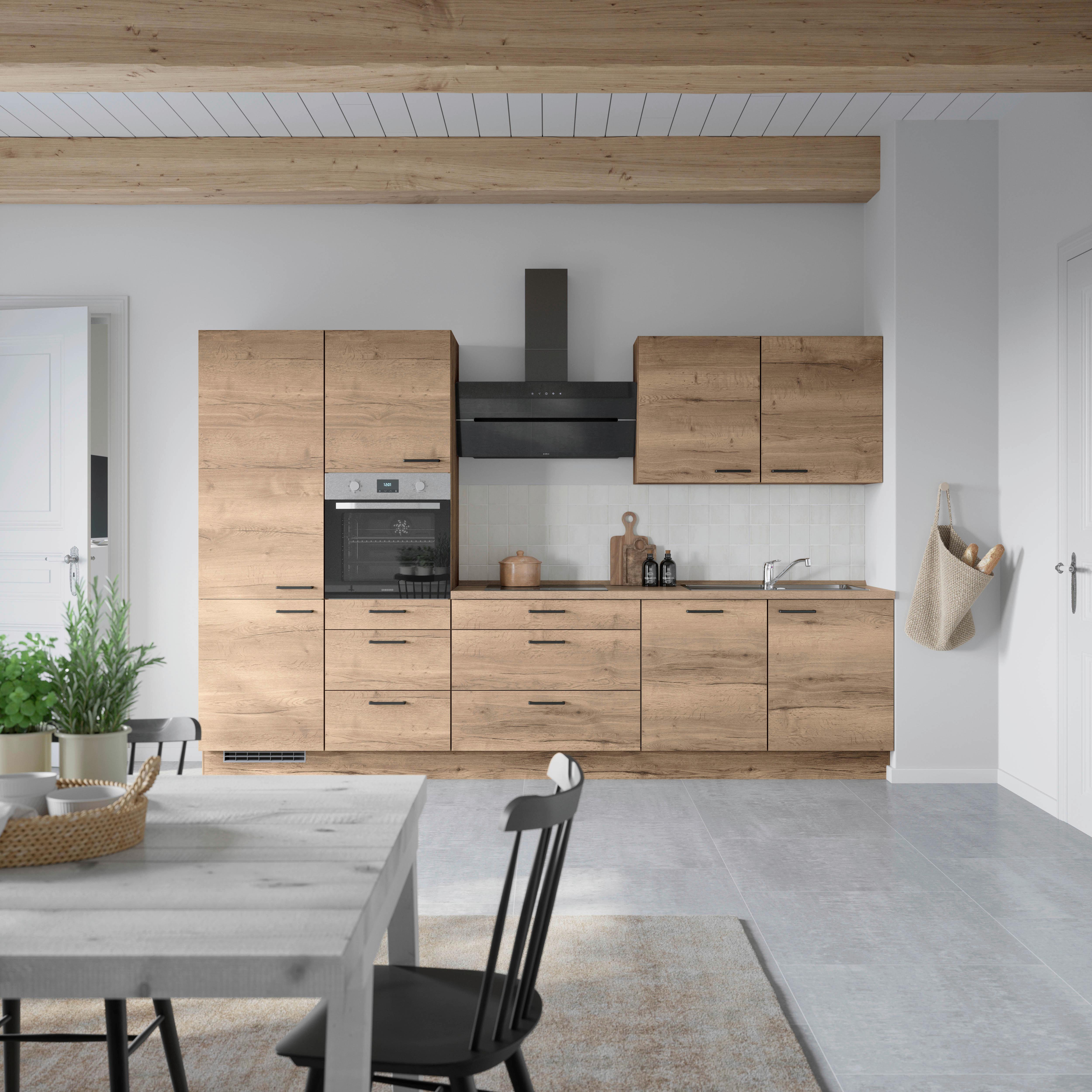 Kuchyňská linka 330 cm, dekor dub Havanna - černá/tmavý dub, Moderní, kov/kompozitní dřevo (330cm) - Nobilia
